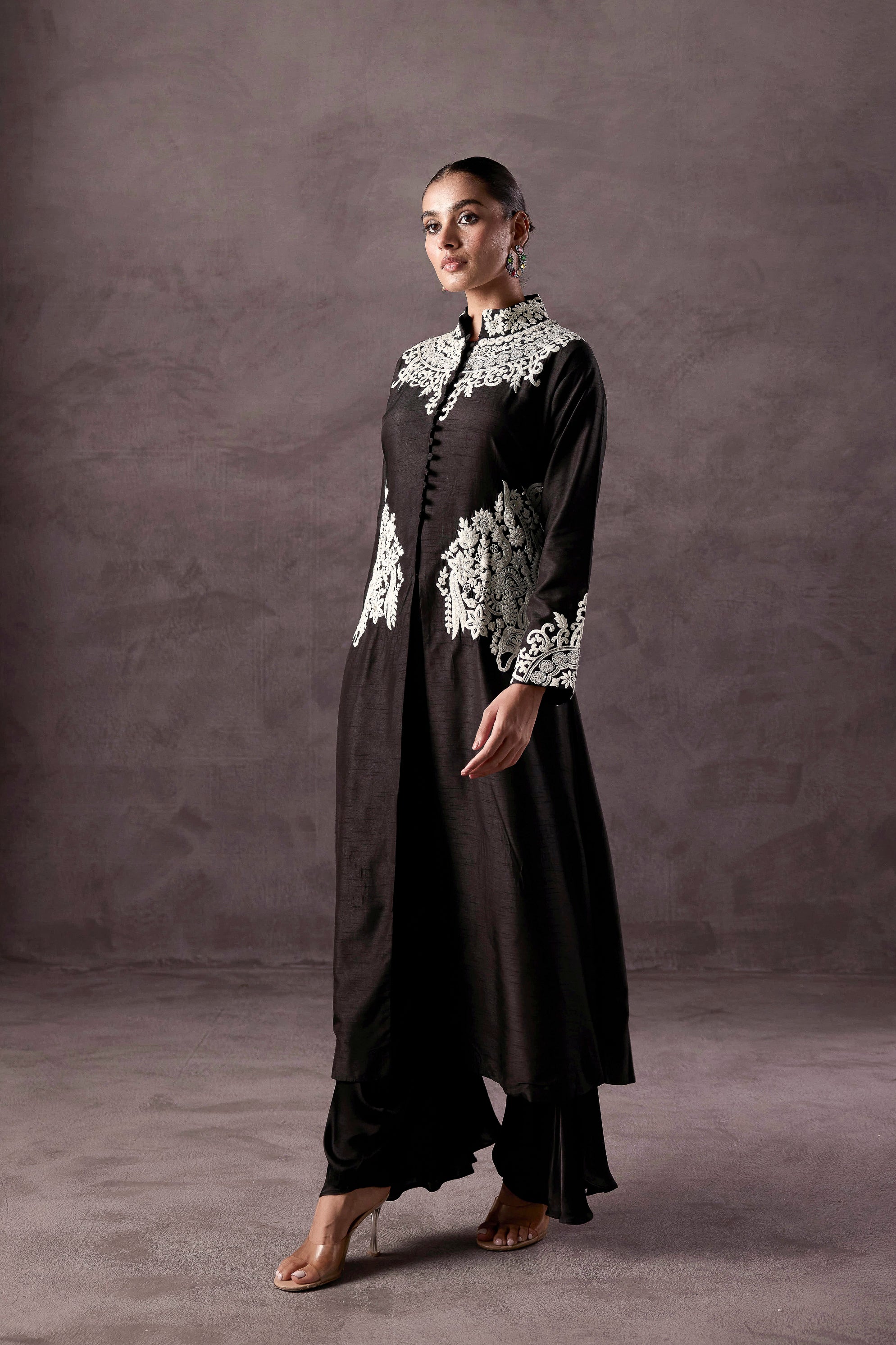 Classic Black Embellished Raw Silk Kurta Set