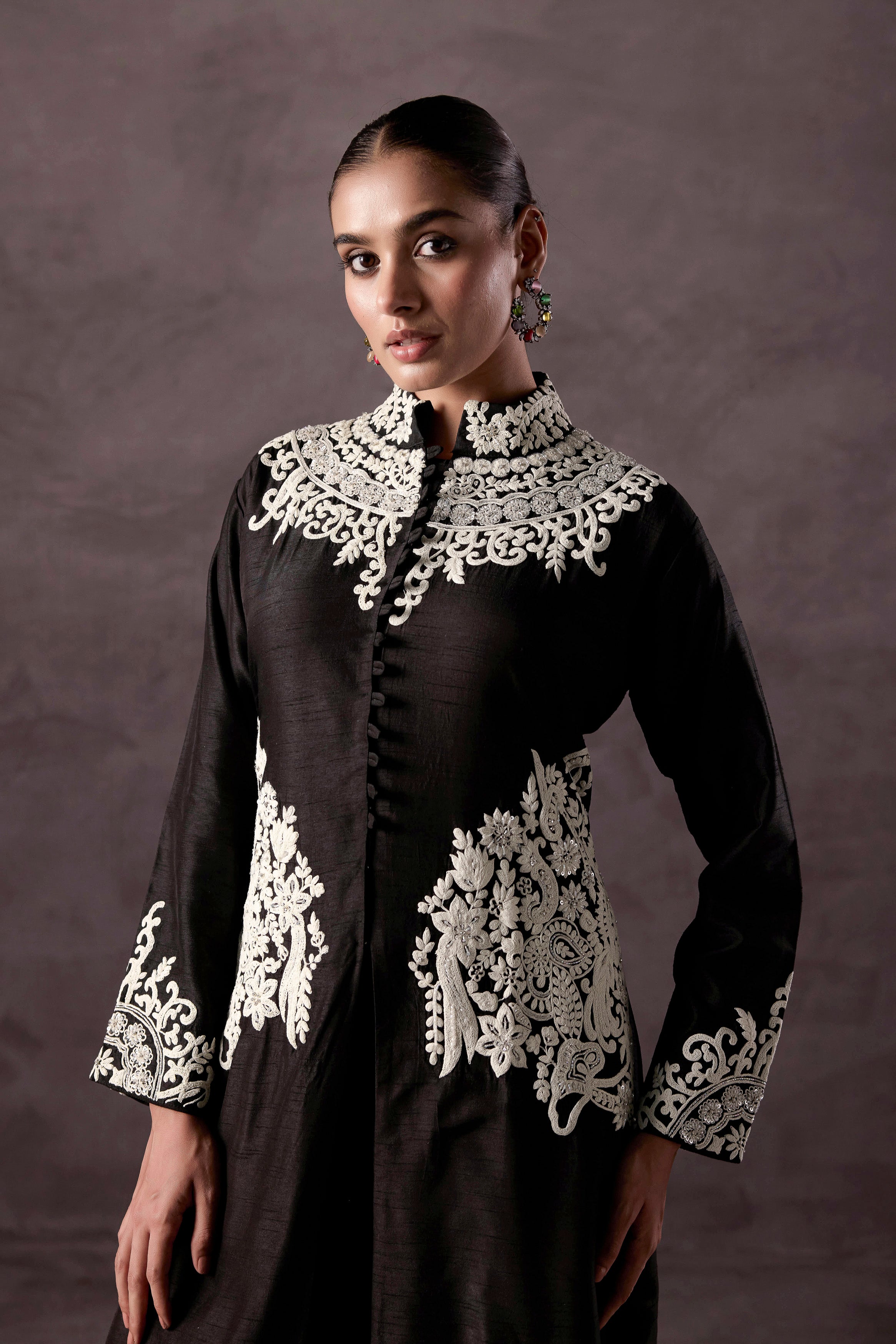 Classic Black Embellished Raw Silk Kurta Set