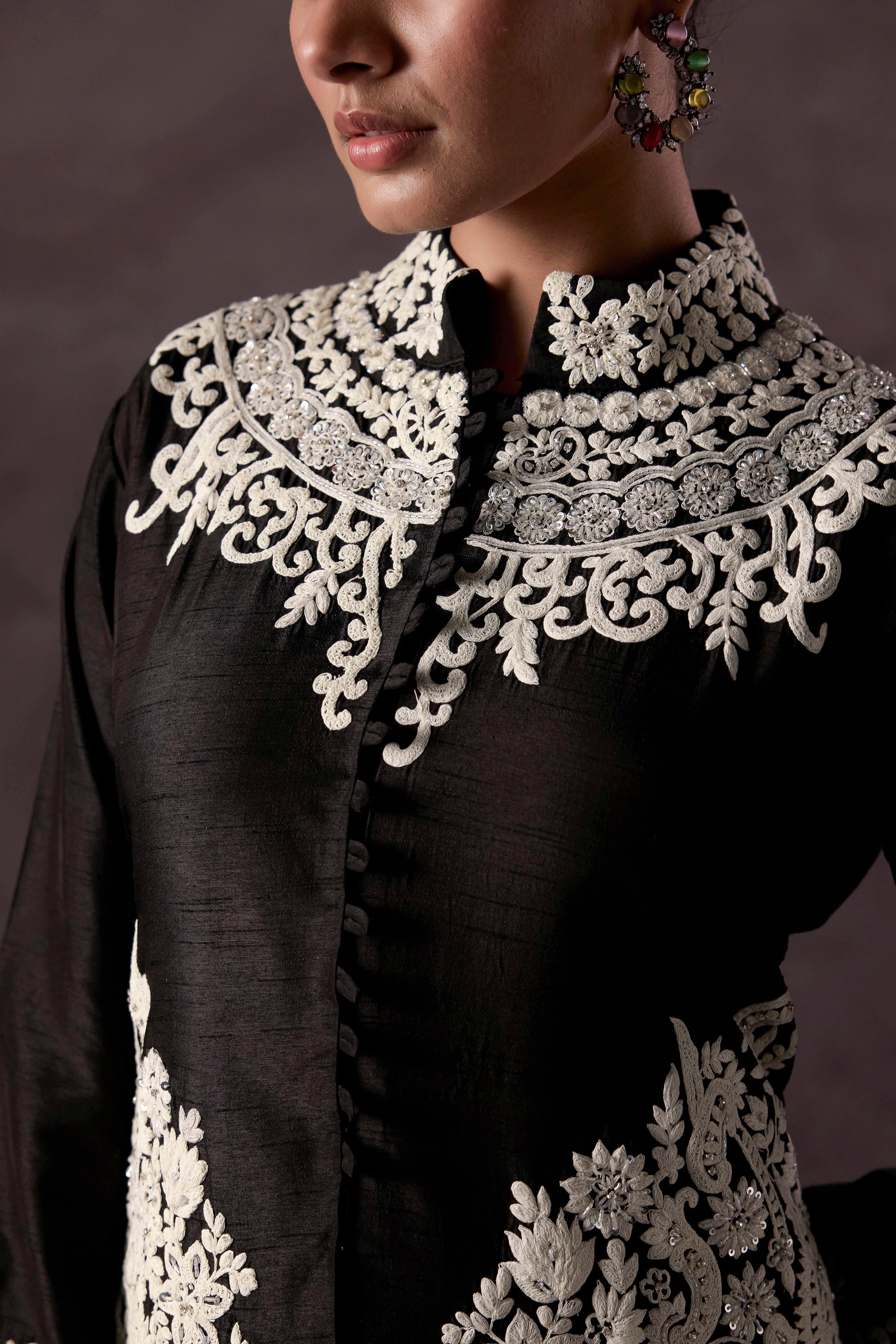 Classic Black Embellished Raw Silk Kurta Set