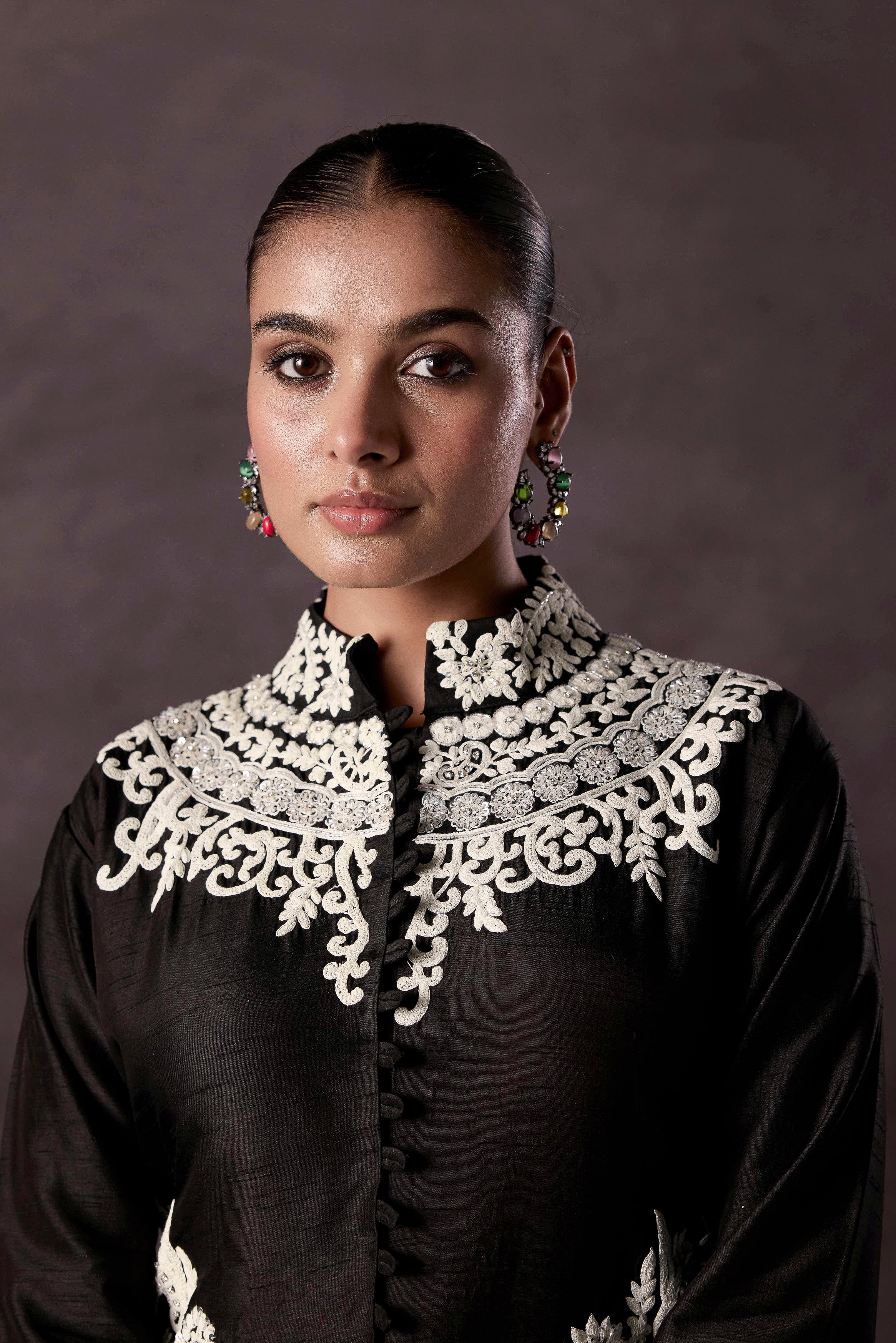 Classic Black Embellished Raw Silk Kurta Set