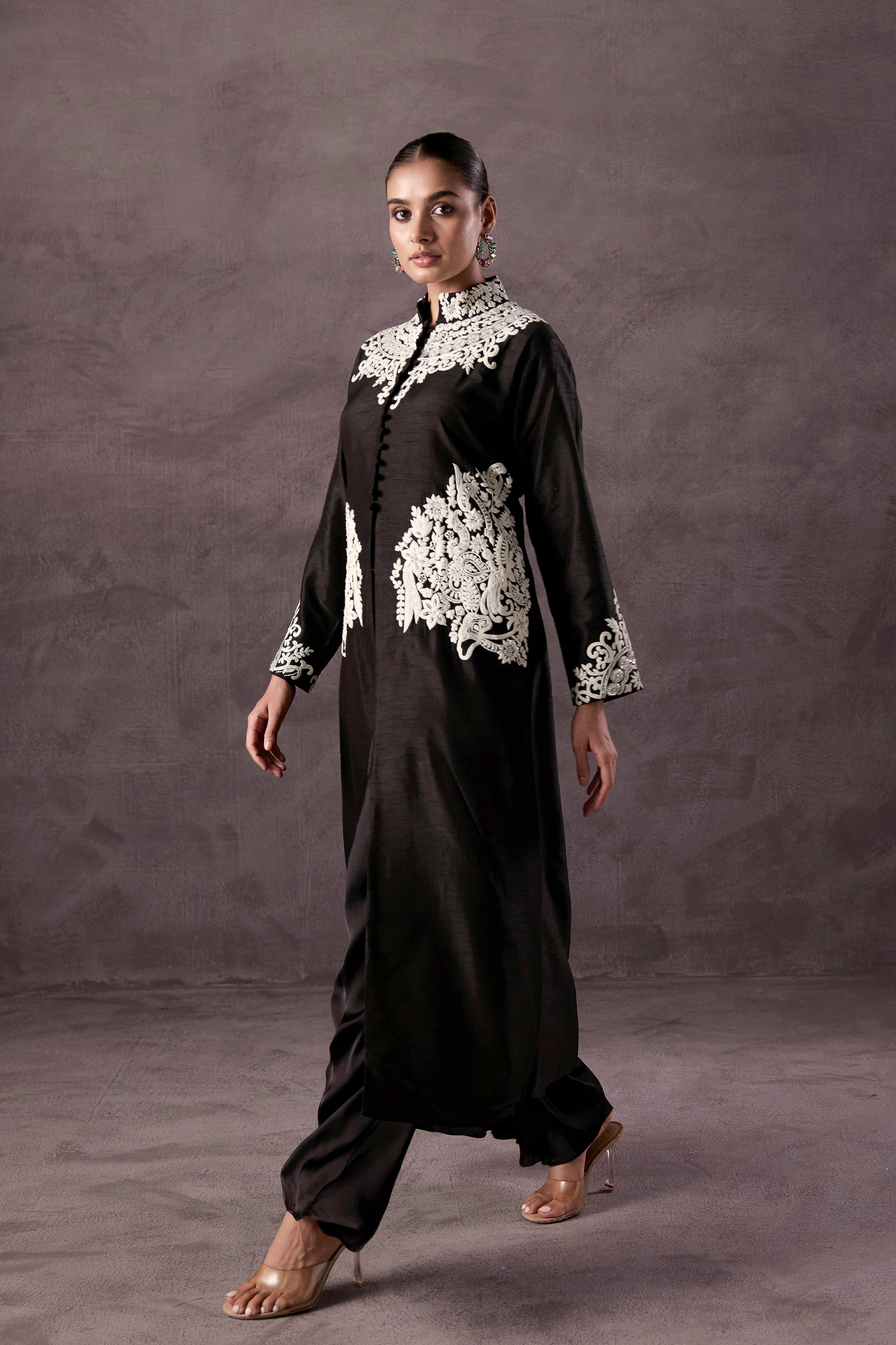Classic Black Embellished Raw Silk Kurta Set