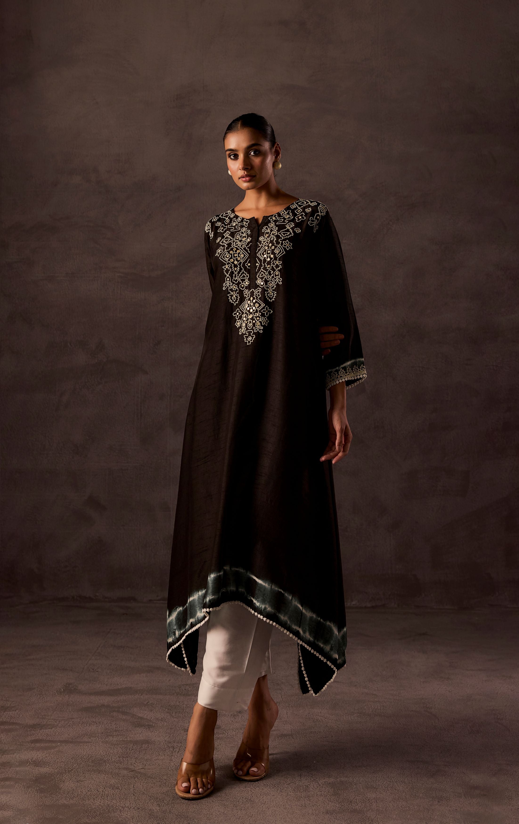 Black Embellished Raw Silk Kurta Set