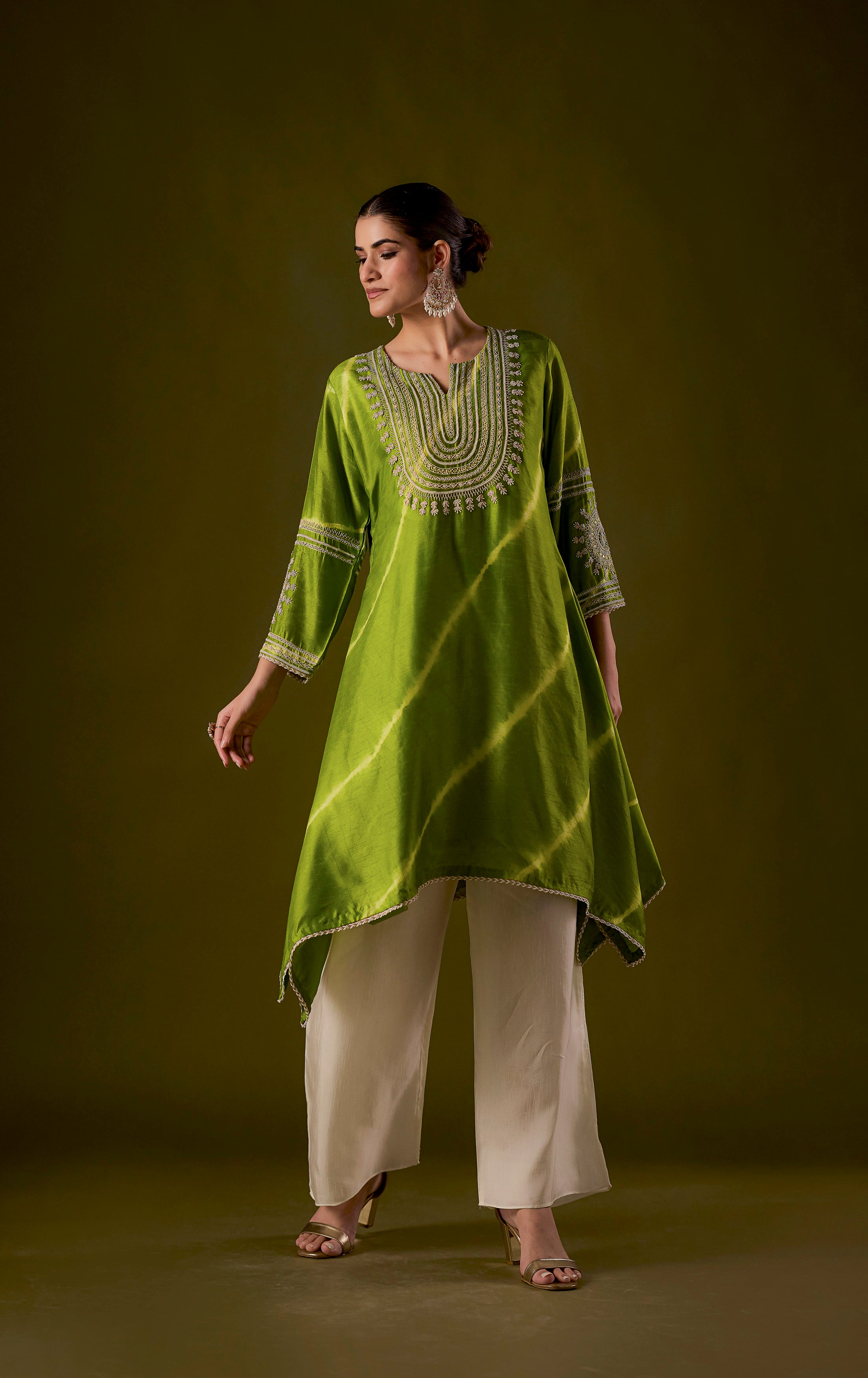 Lime Green Embellished Raw Silk Palazzo Set