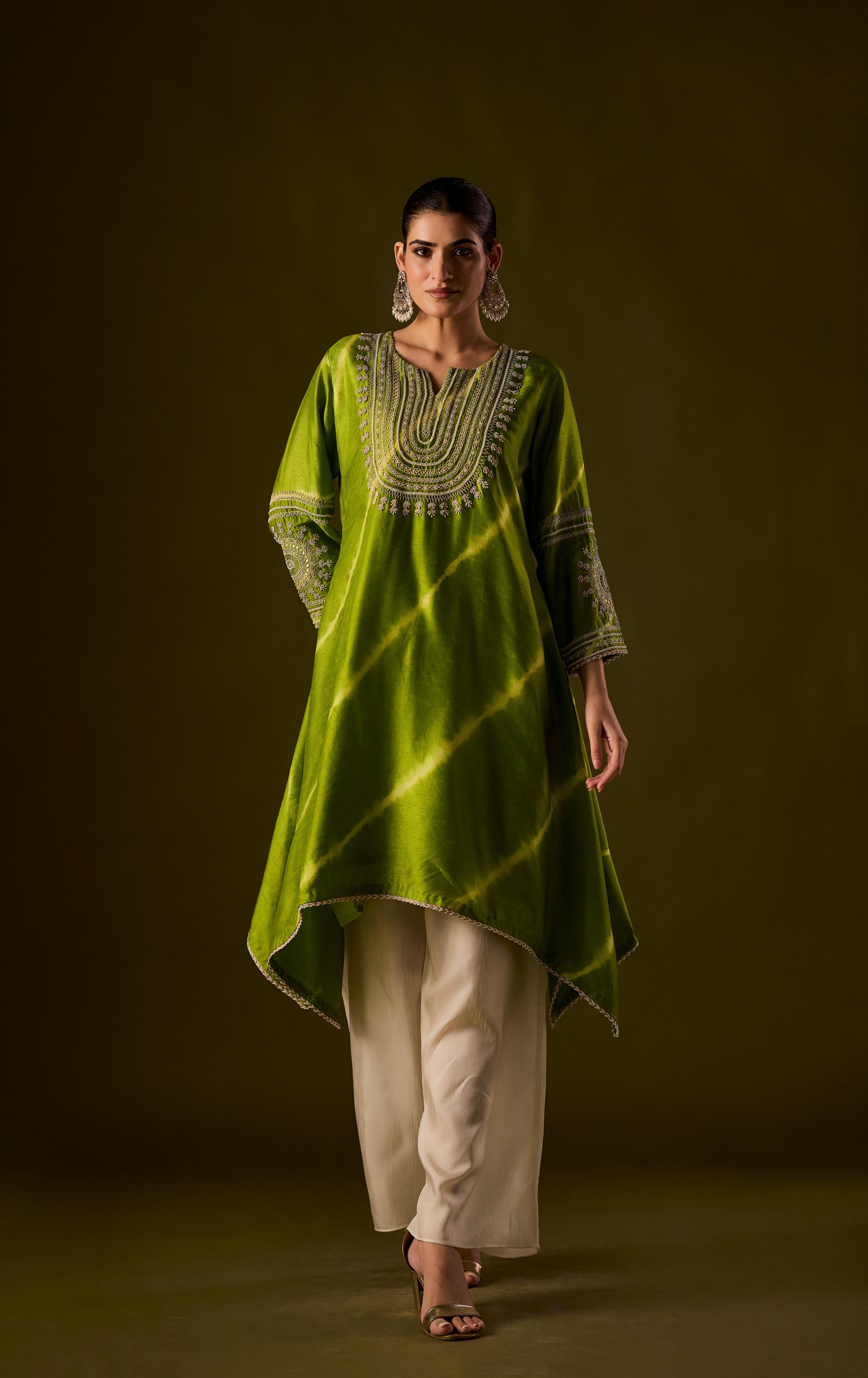 Lime Green Embellished Raw Silk Palazzo Set