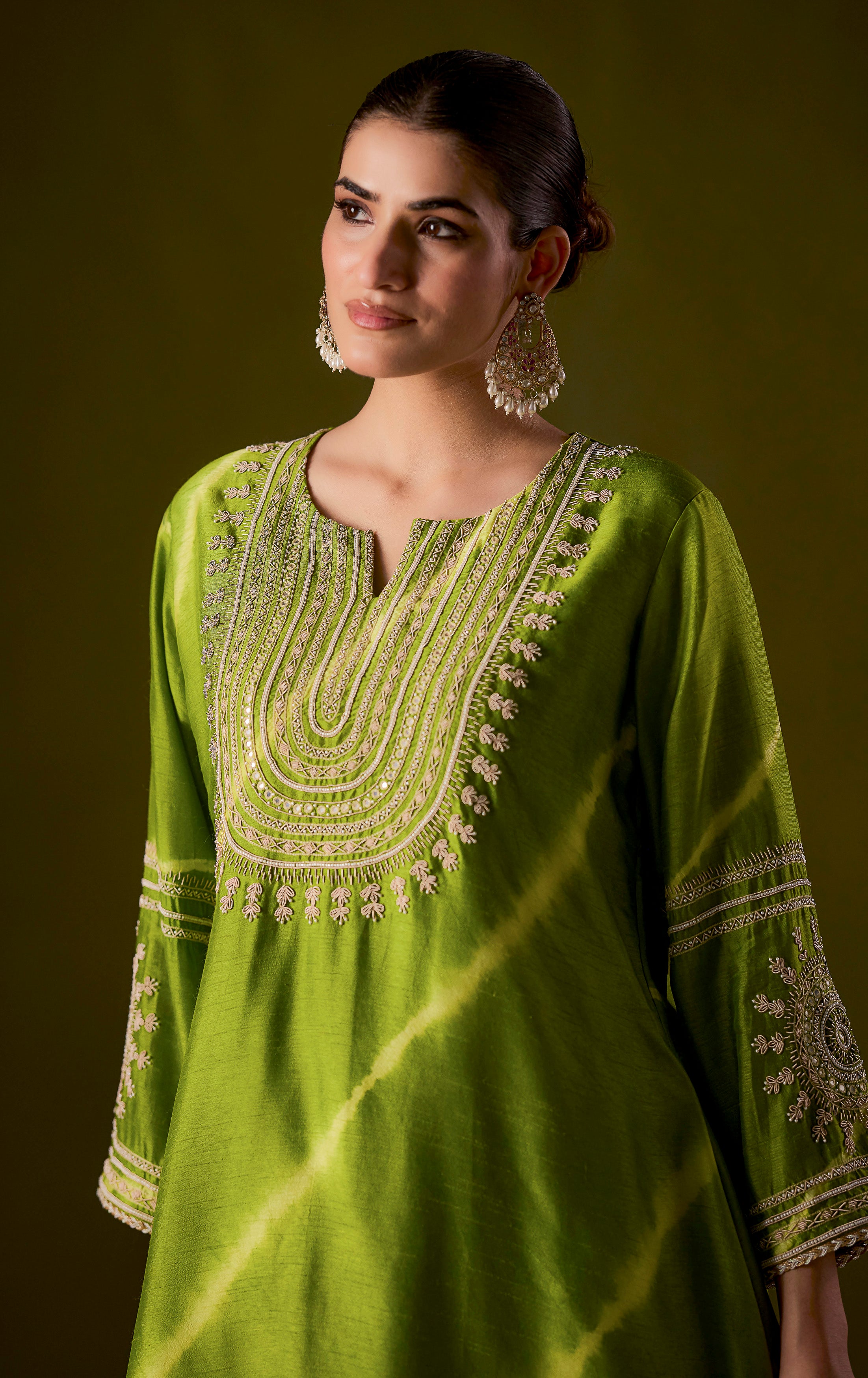 Lime Green Embellished Raw Silk Palazzo Set