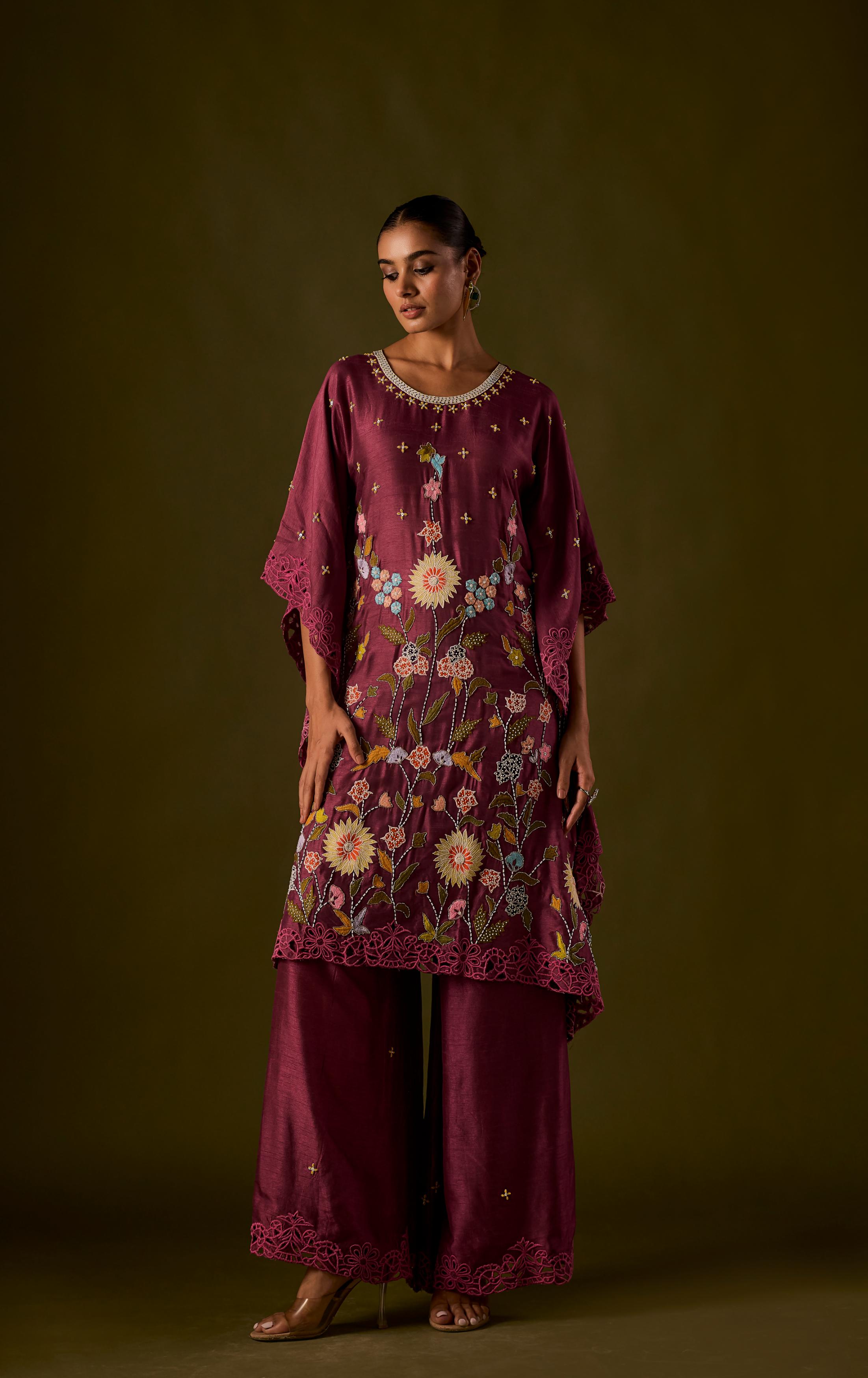Pastel Purple Embellished Raw Silk Kaftan Pant Set