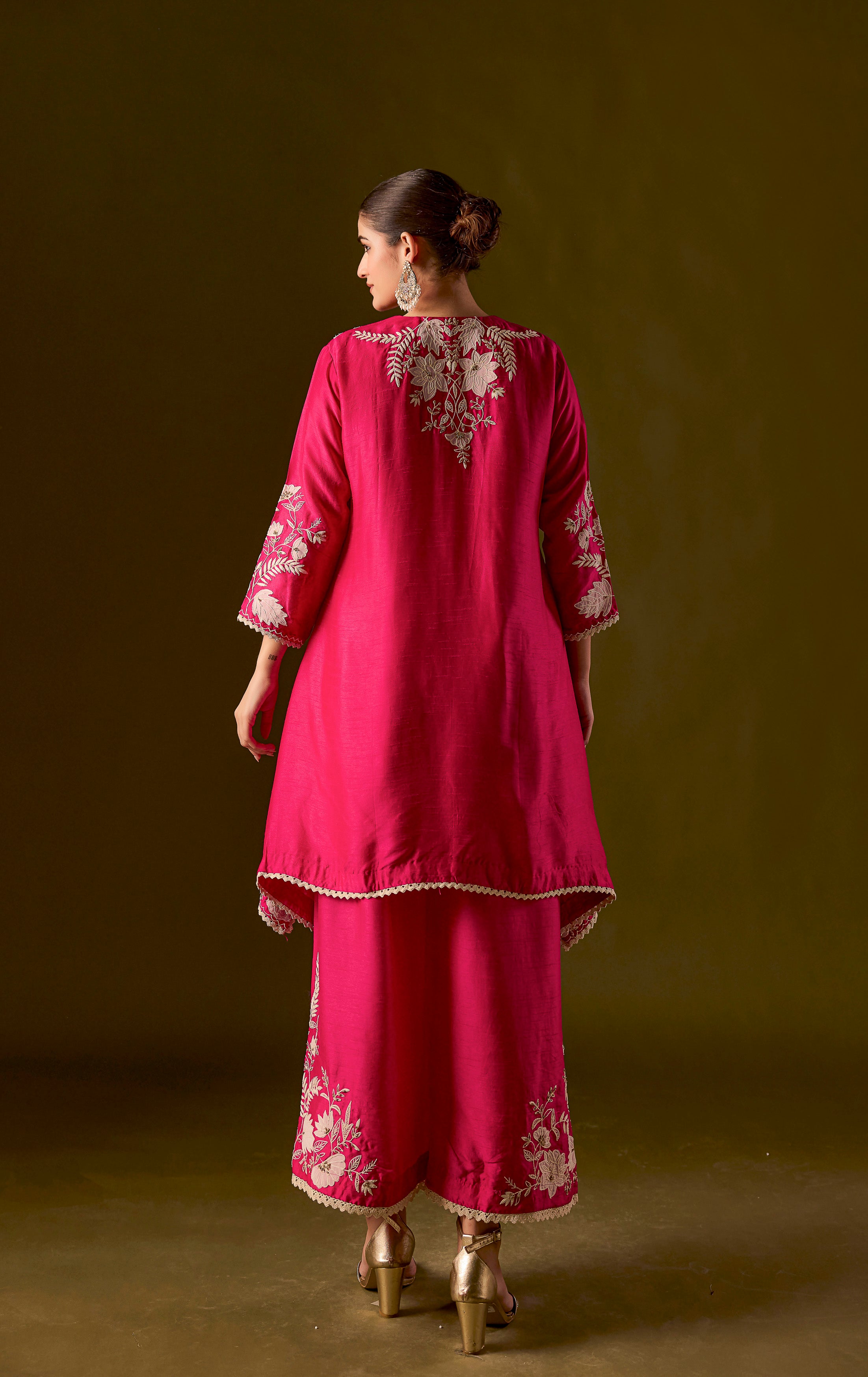 Rani pink Embroidered Raw Silk Co-Ord Set