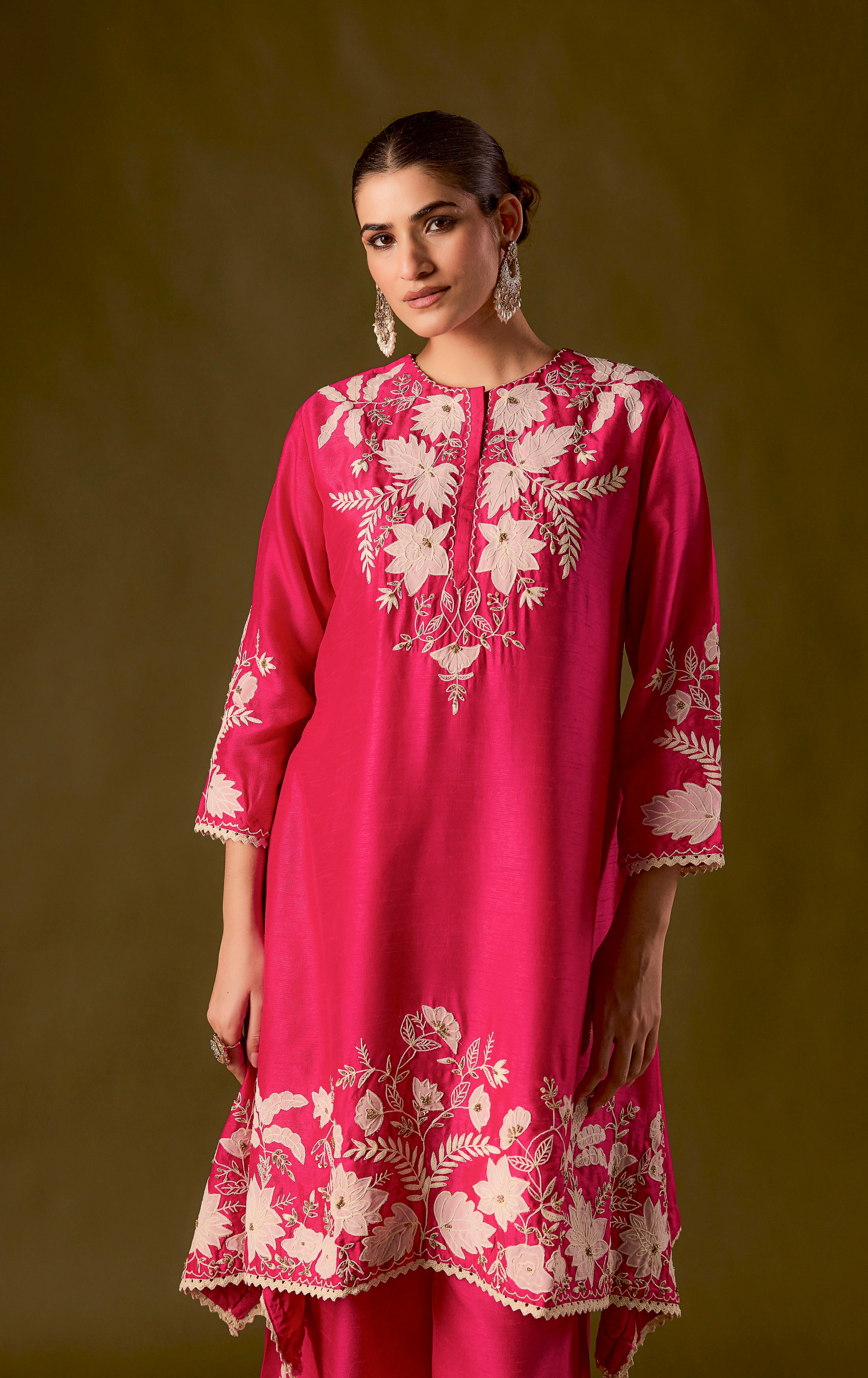 Rani pink Embroidered Raw Silk Co-Ord Set