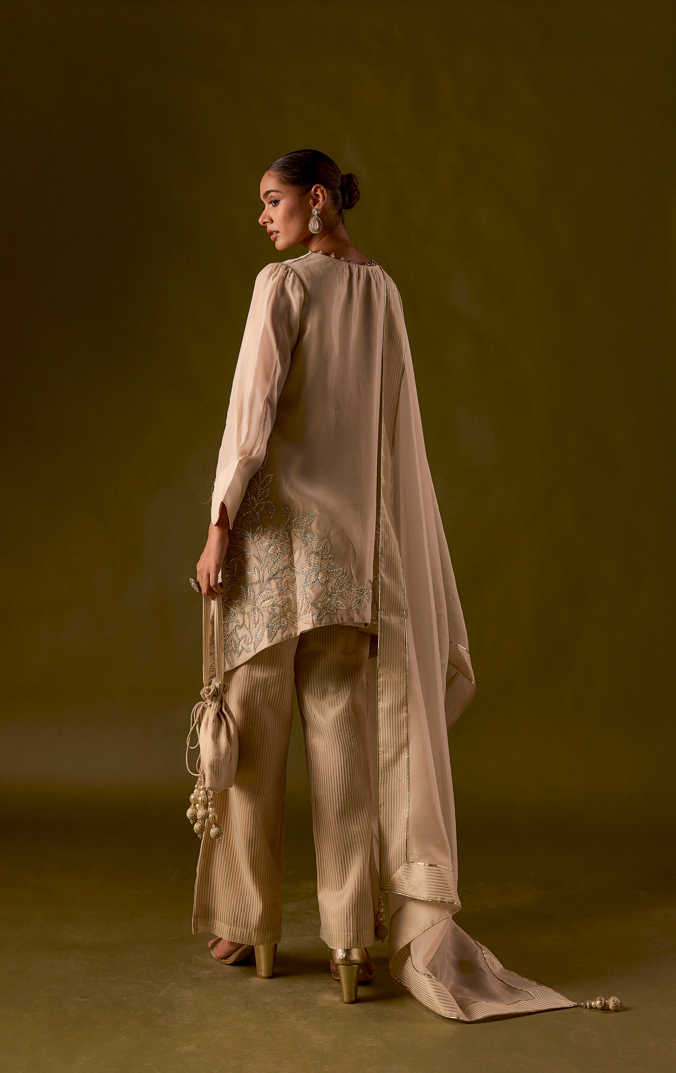 Beige Embellished Organza Silk Pant Set