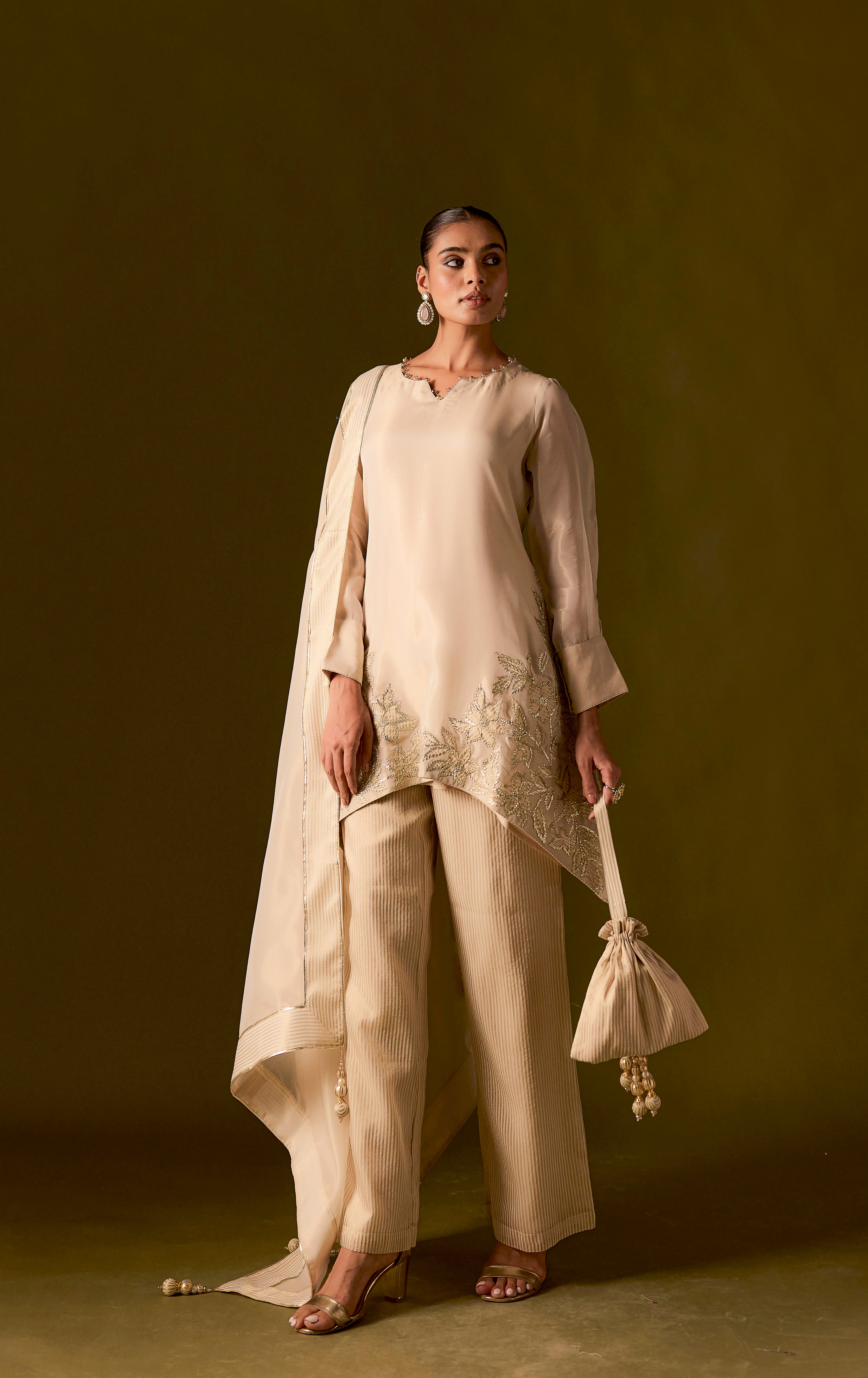 Beige Embellished Organza Silk Pant Set