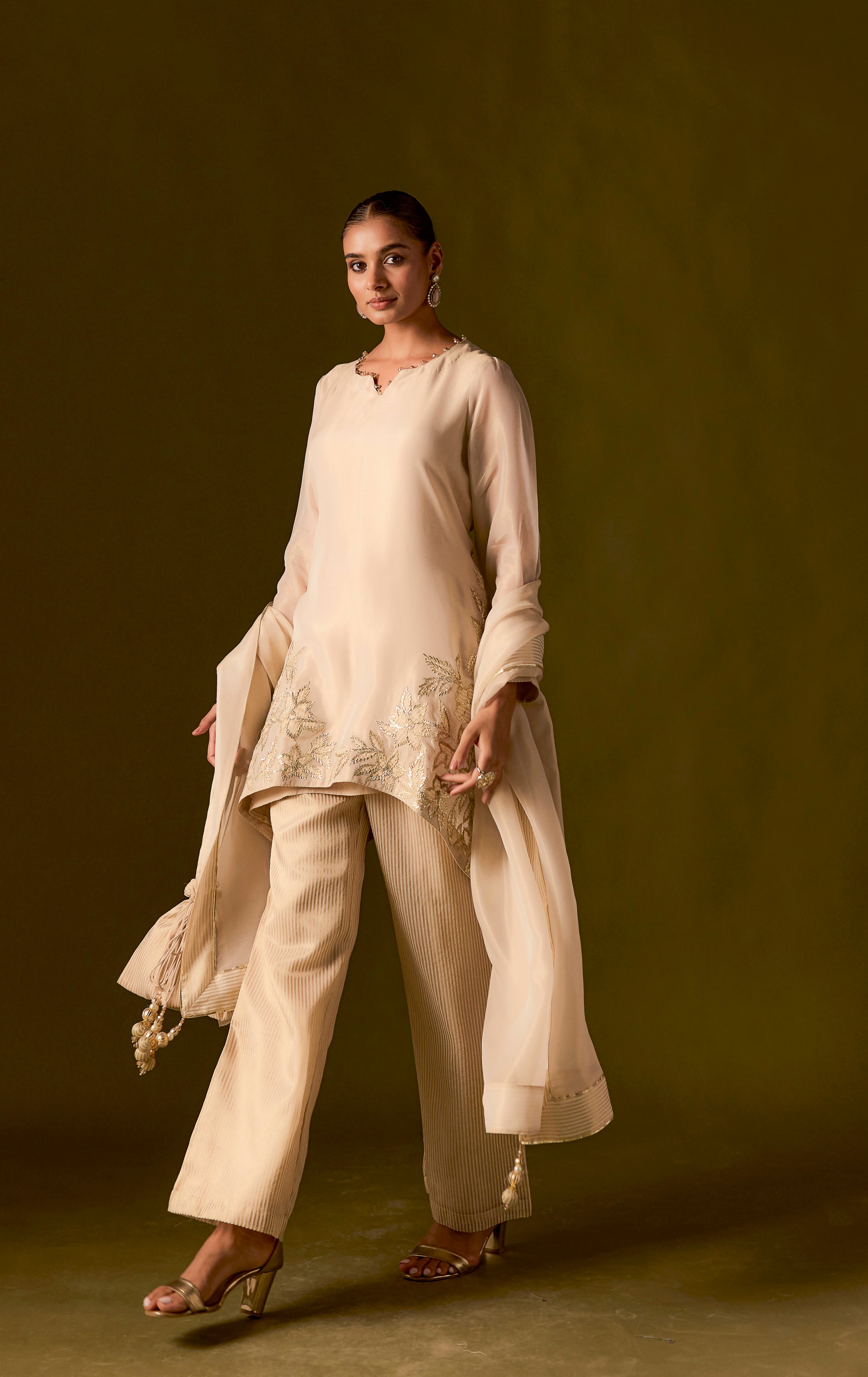 Beige Embellished Organza Silk Pant Set