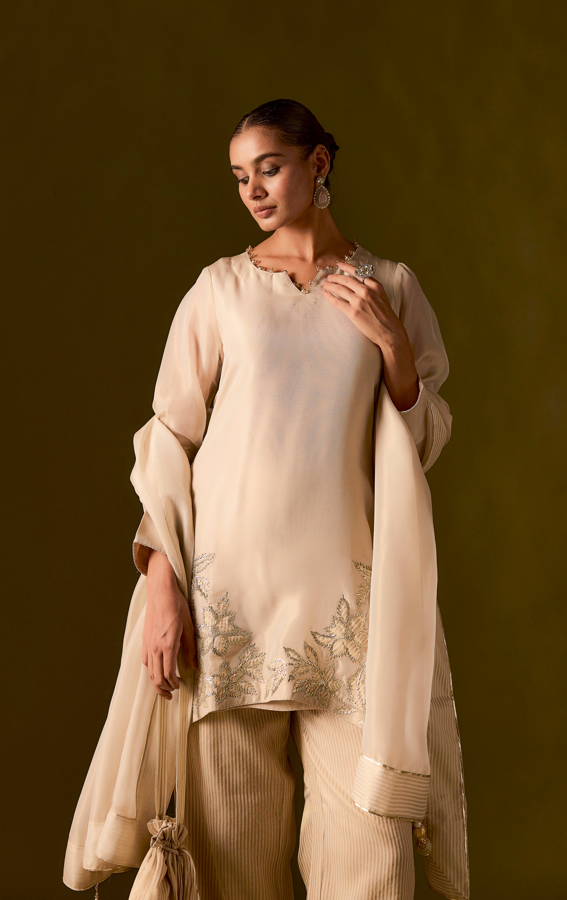 Beige Embellished Organza Silk Pant Set