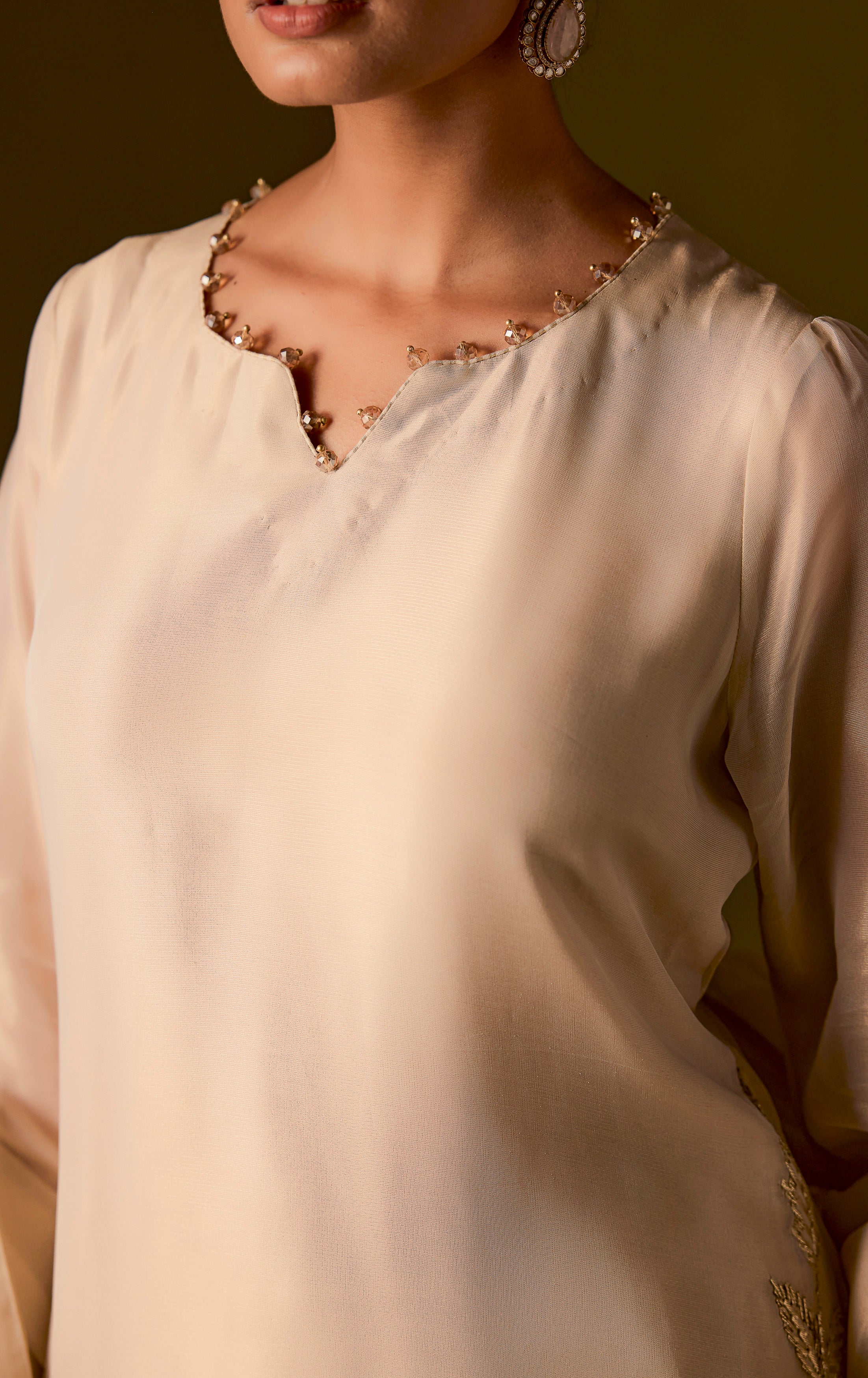 Beige Embellished Organza Silk Pant Set