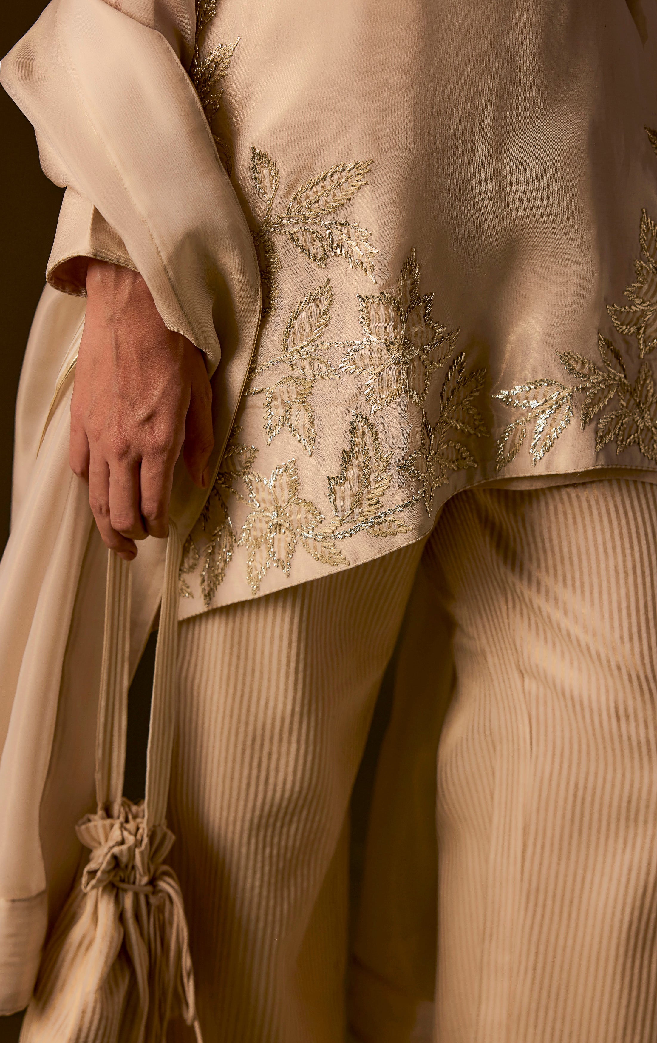 Beige Embellished Organza Silk Pant Set