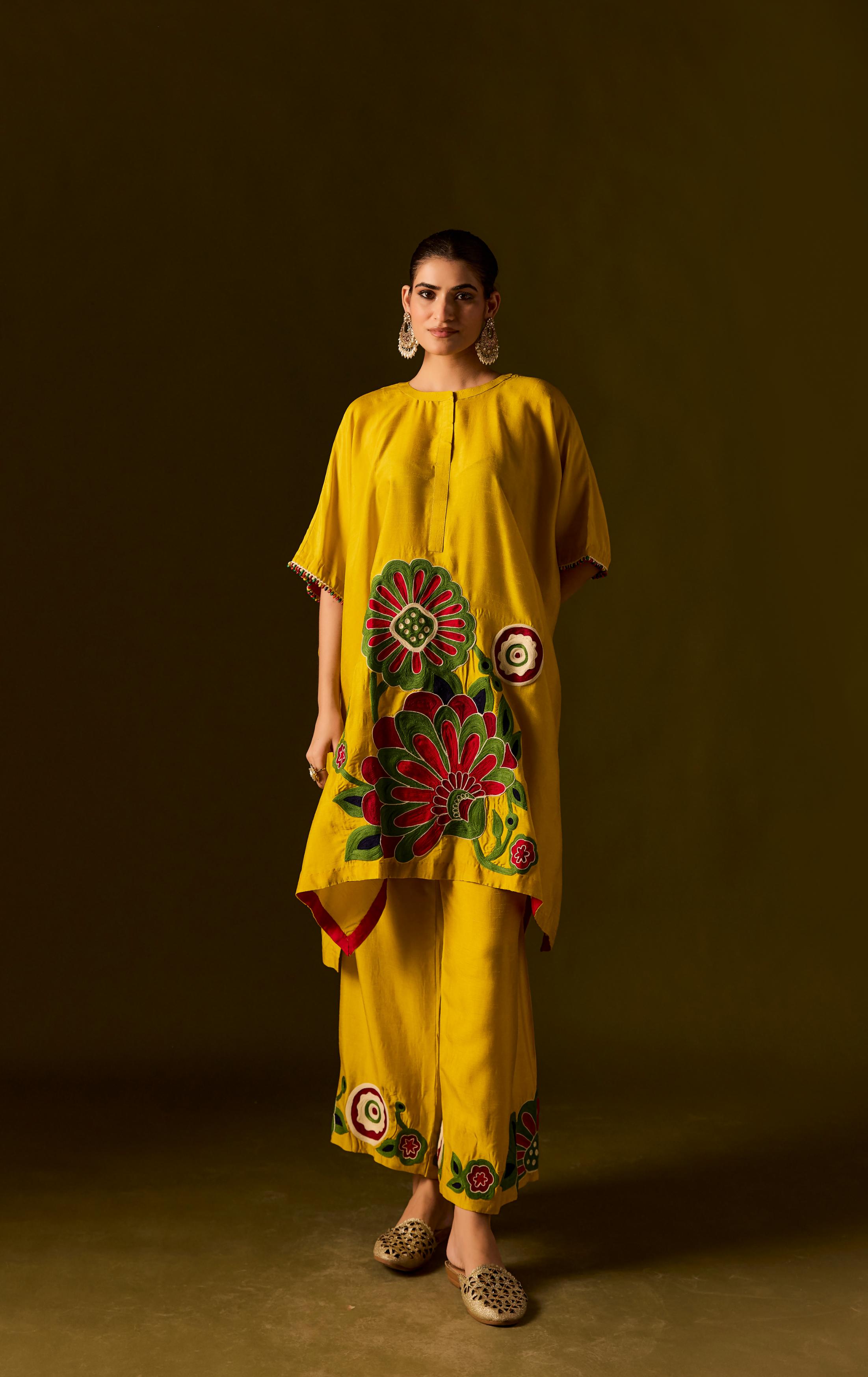 Lemon Yellow Embellished Premium Silk Kaftan Set