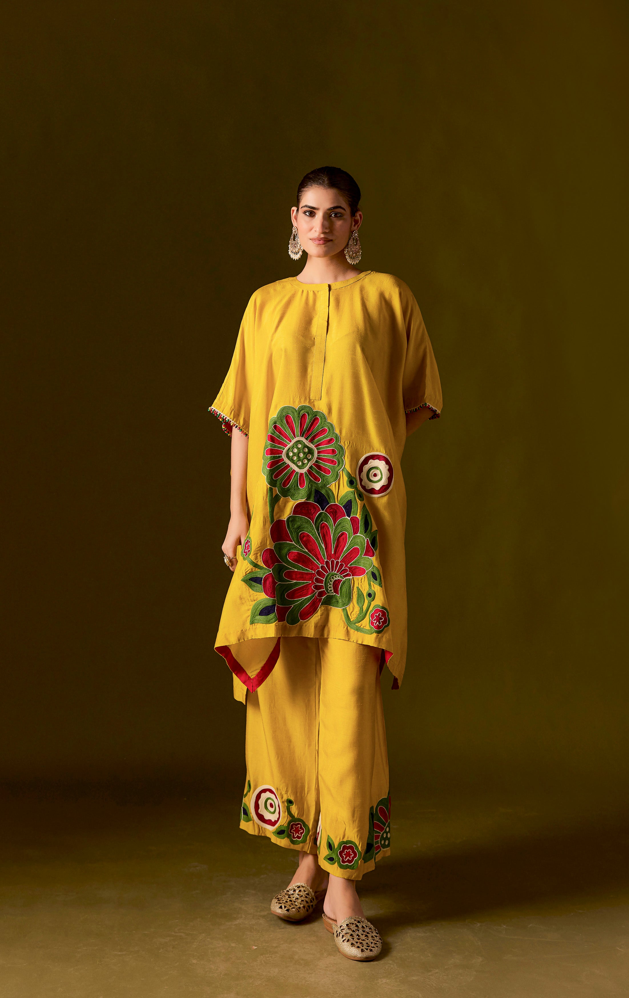 Lemon Yellow Embellished Premium Silk Kaftan Set