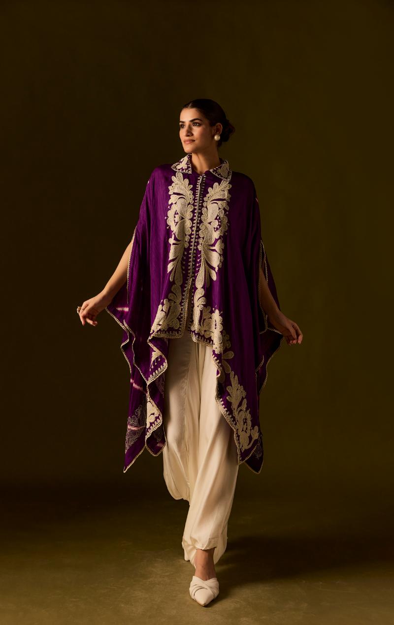Royal Purple Embellished Raw Silk Tunic  Set