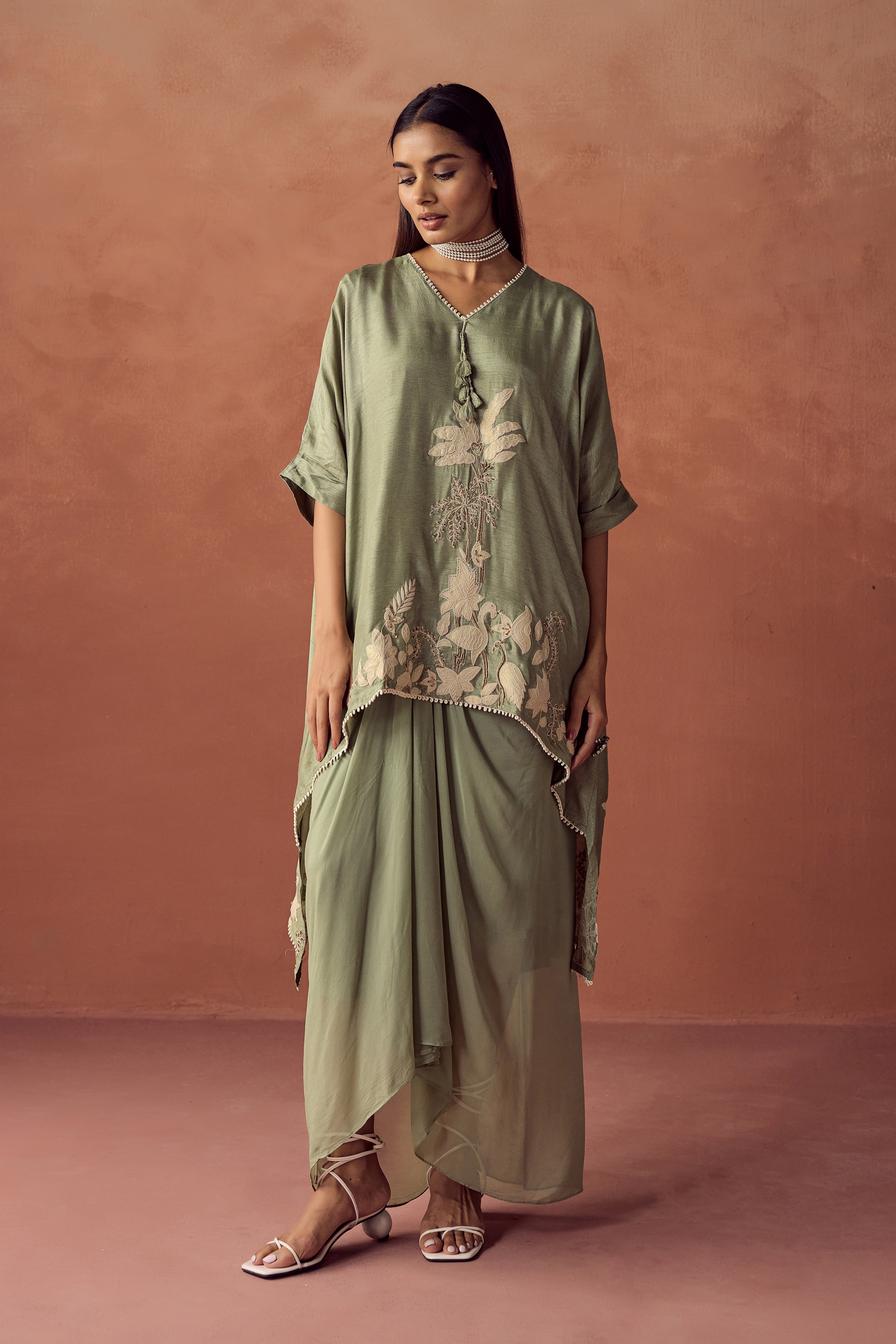 Sage Green Embellished Raw Silk Kaftan Set