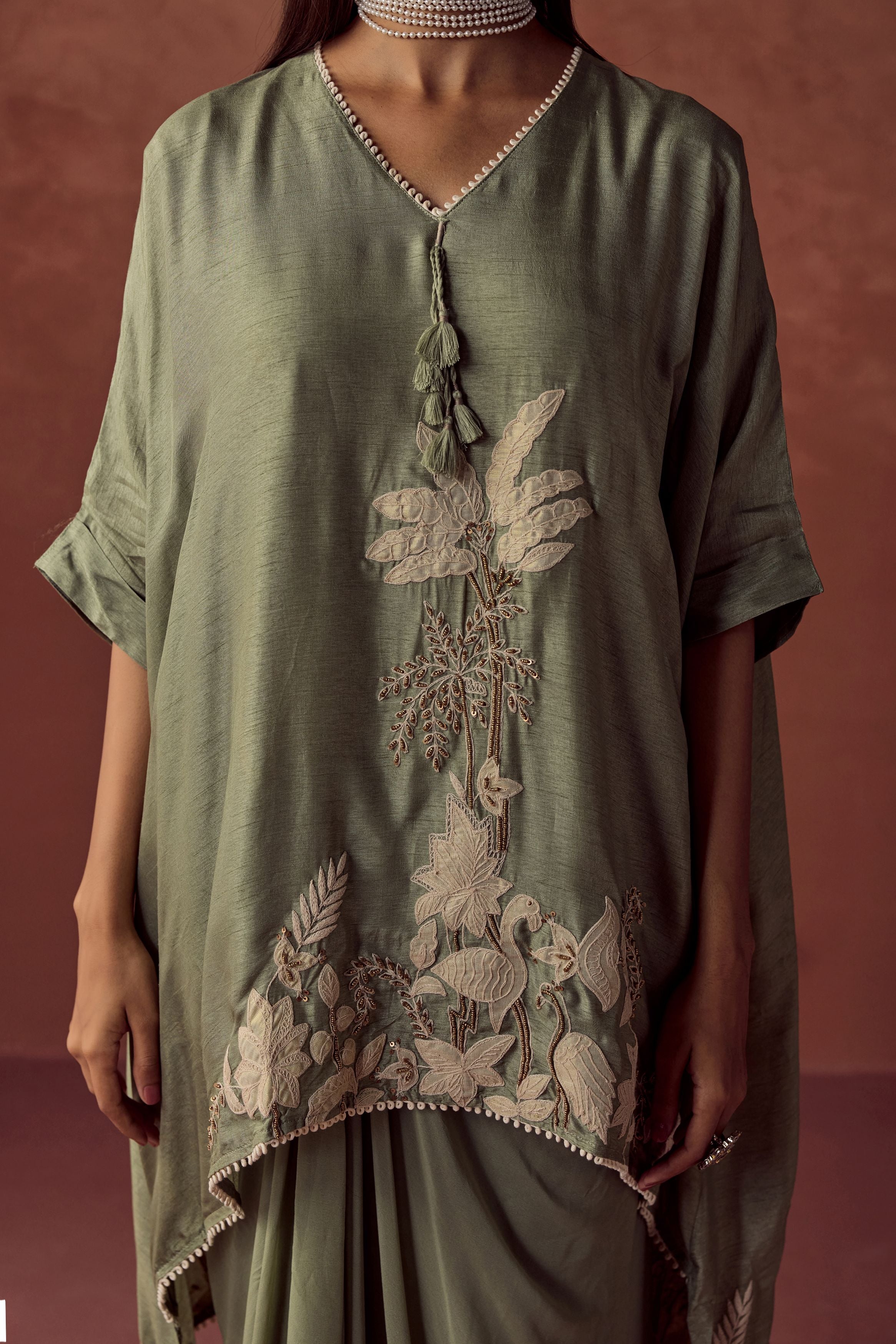 Sage Green Embellished Raw Silk Kaftan Set