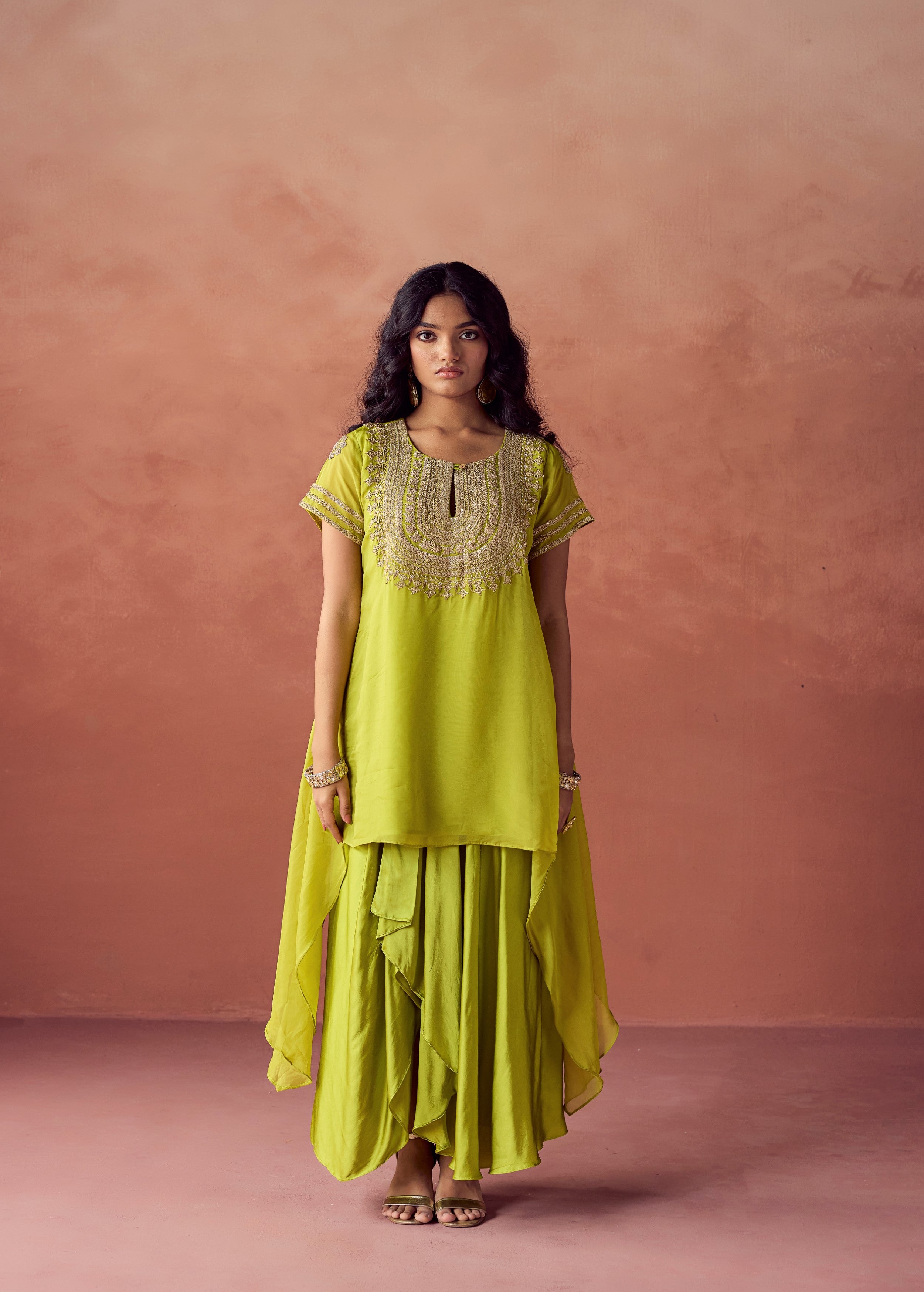Lime Green Embellished Organza Silk Skirt Set