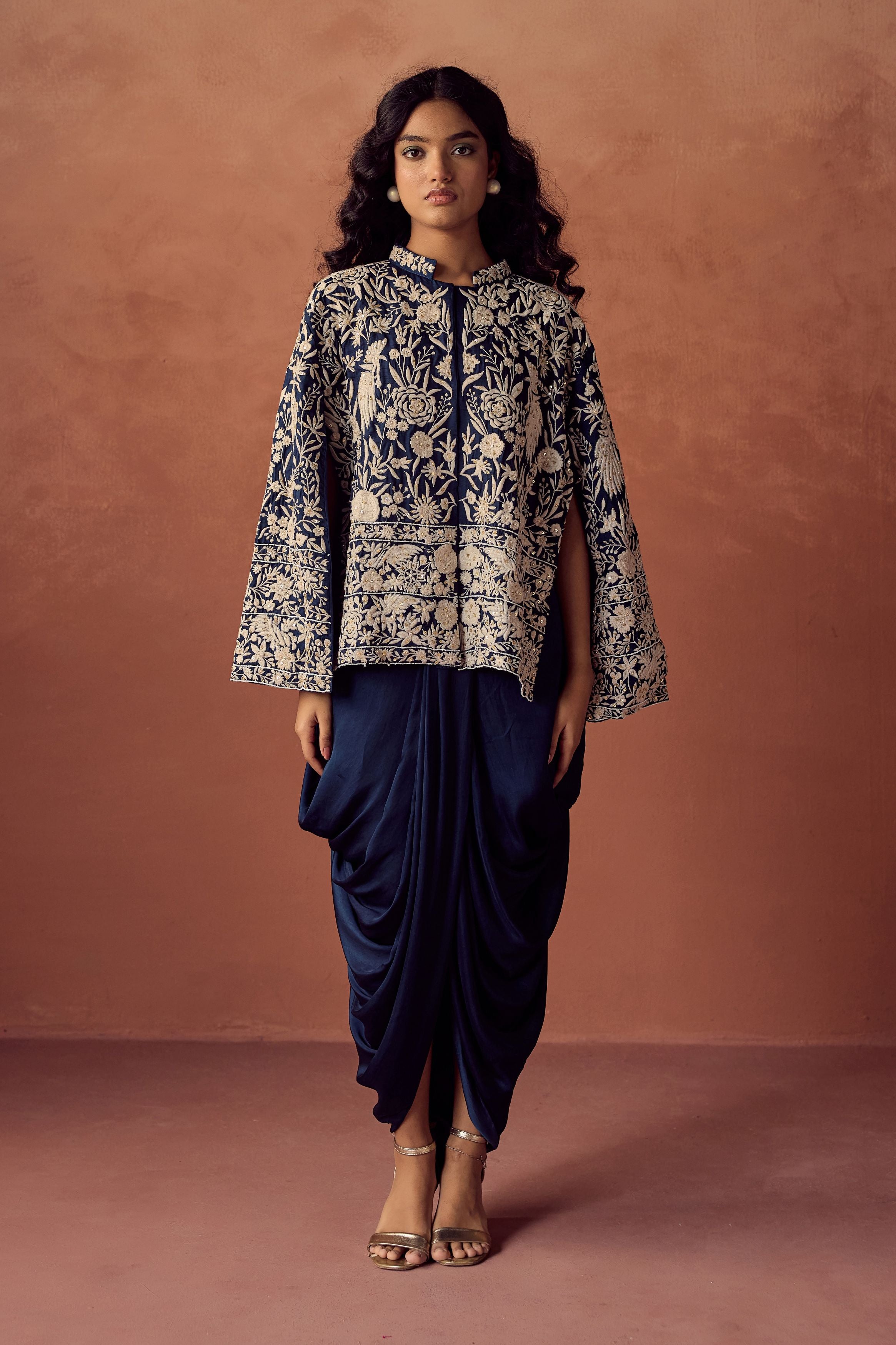 Navy Blue Embroidered Satin Silk Skirt Set