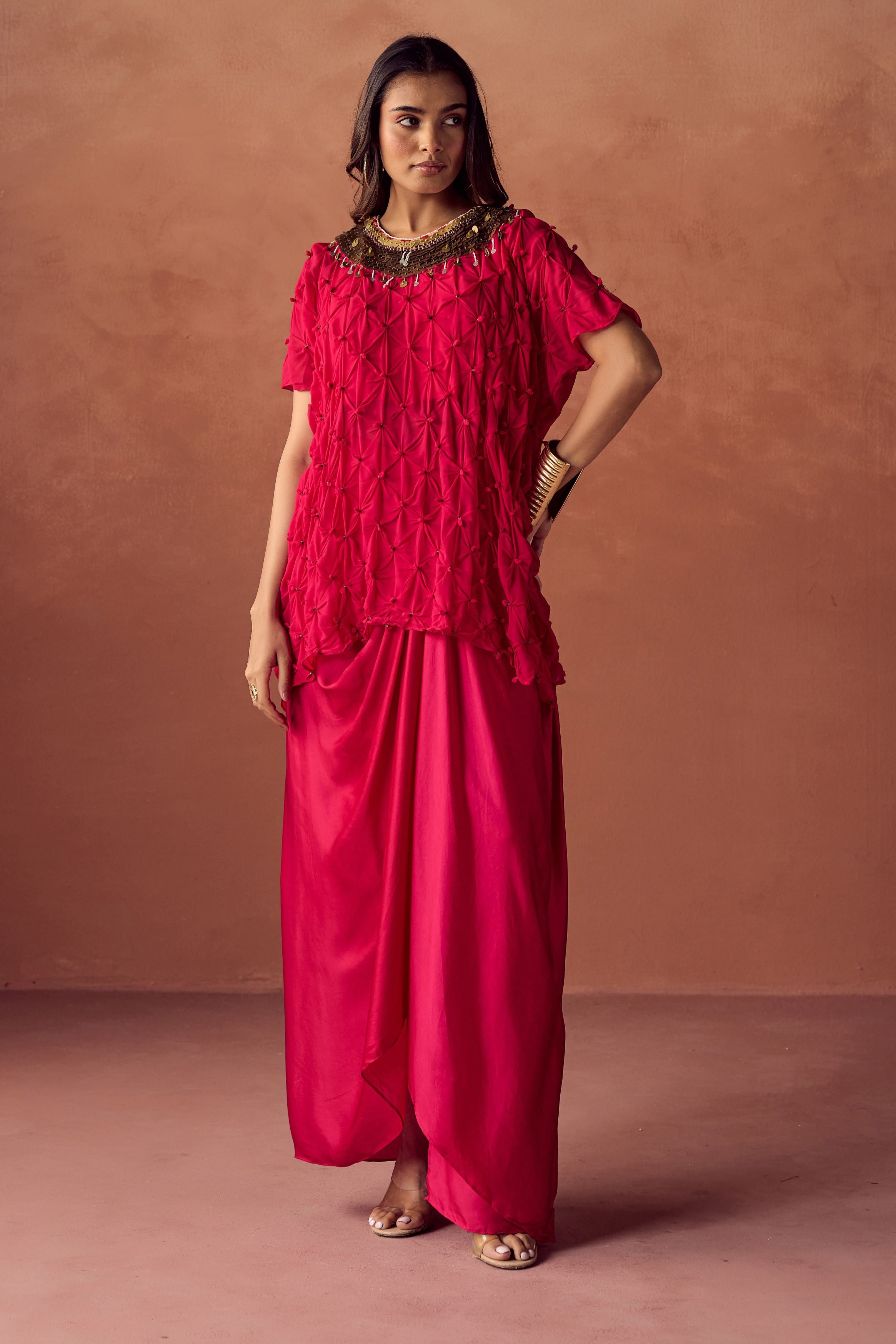 Deep Fuchsia Pink Embellished Georgette Silk Skirt Set