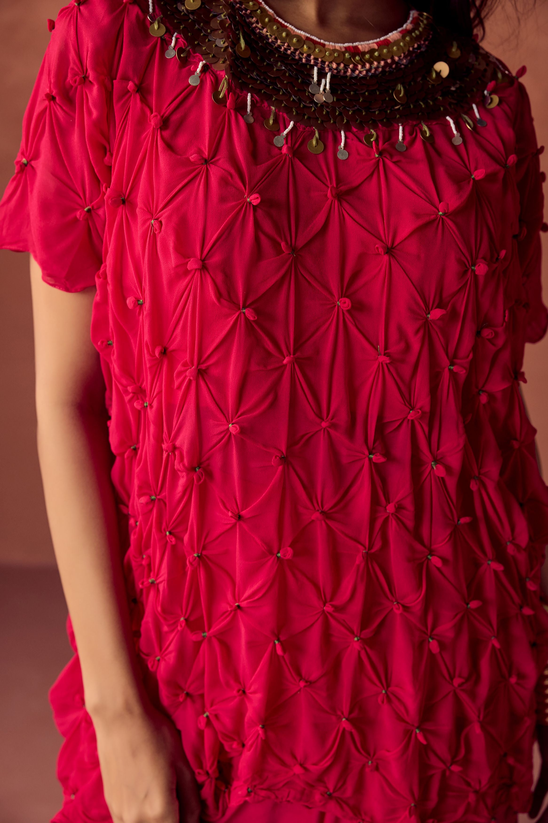 Deep Fuchsia Pink Embellished Georgette Silk Skirt Set