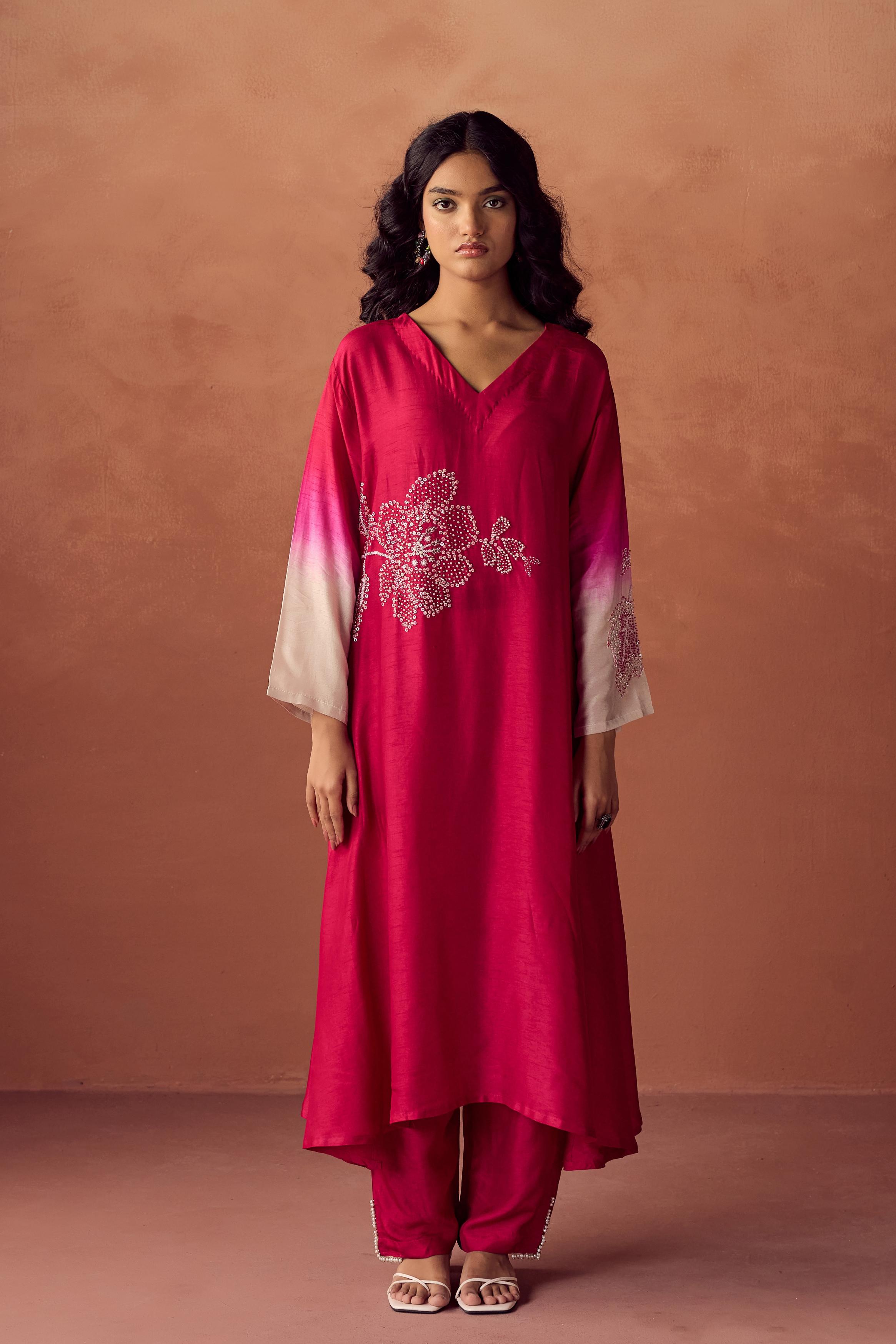 Raspberry Pink Embellished Raw Silk Kurta Set