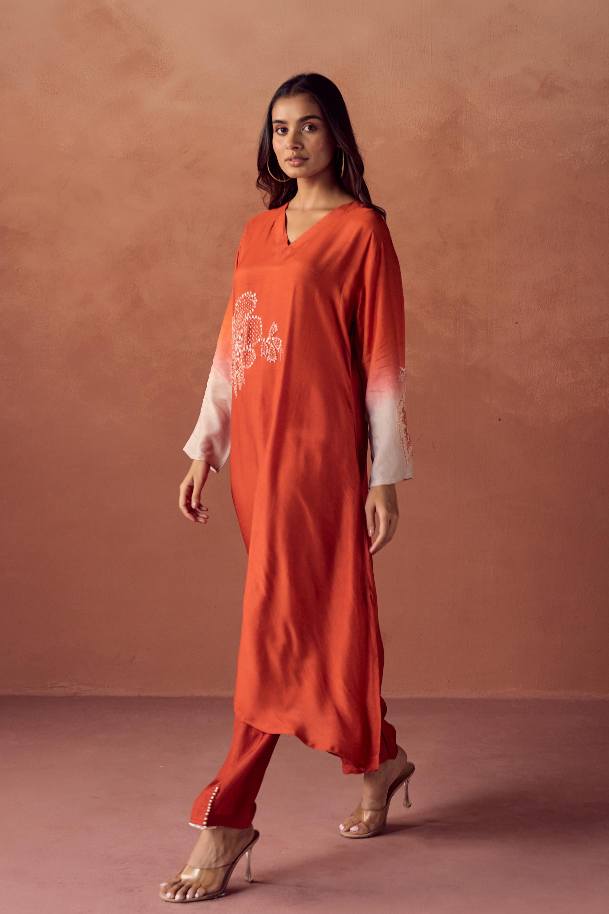 Sunset Orange Embellished Raw Silk Kurta Set