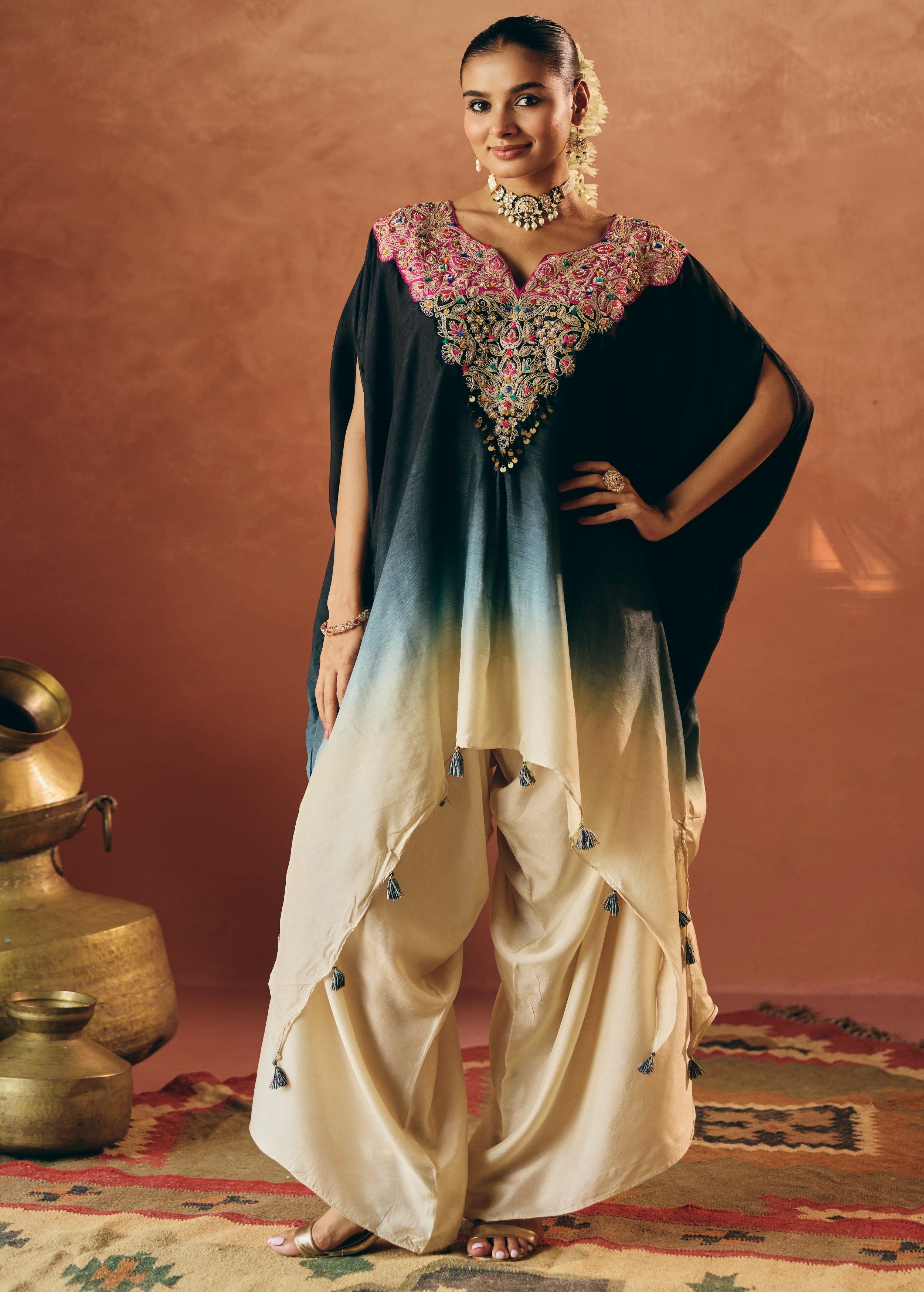 Black Embellished Raw Silk Kaftan Set