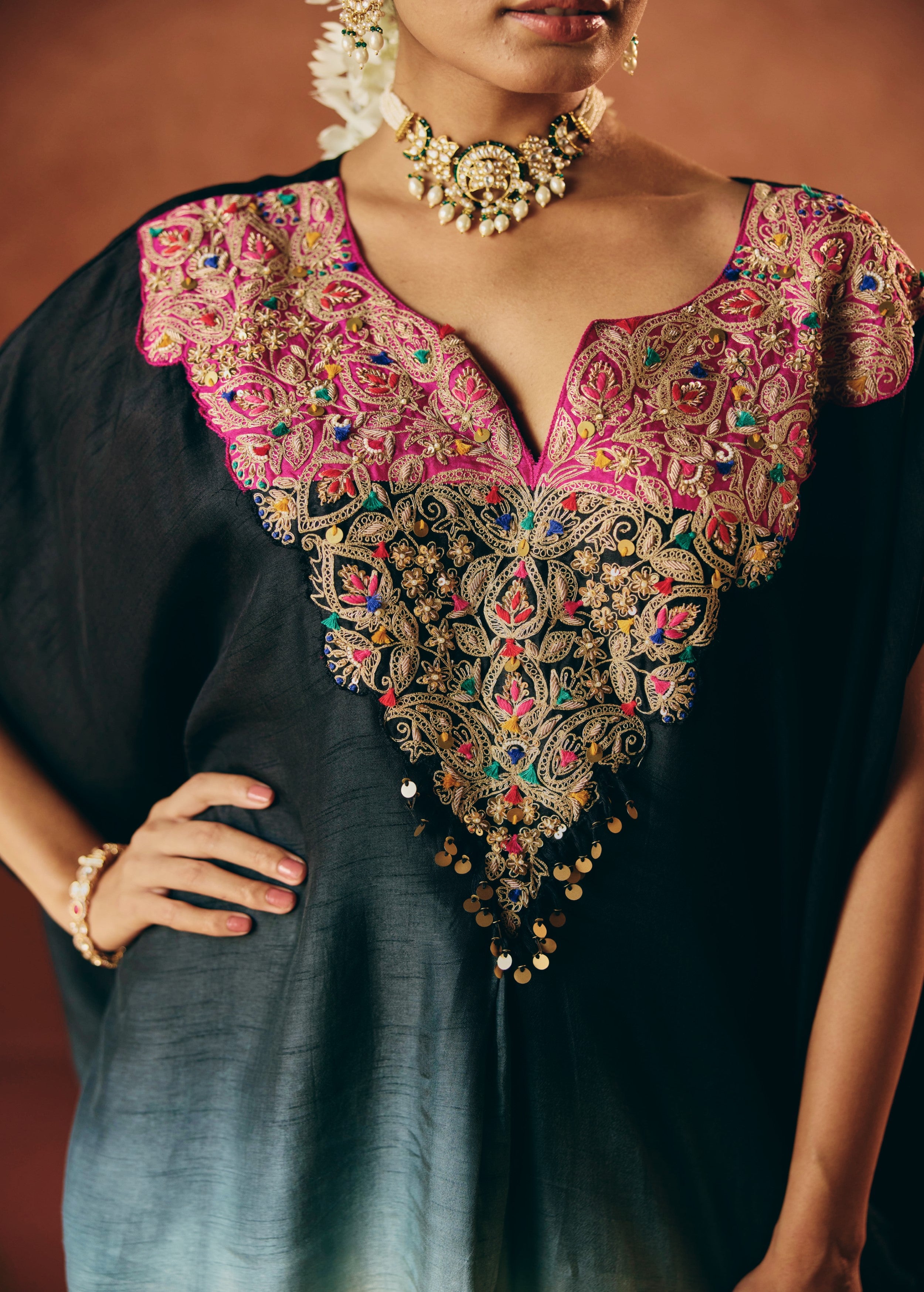 Black Embellished Raw Silk Kaftan Set