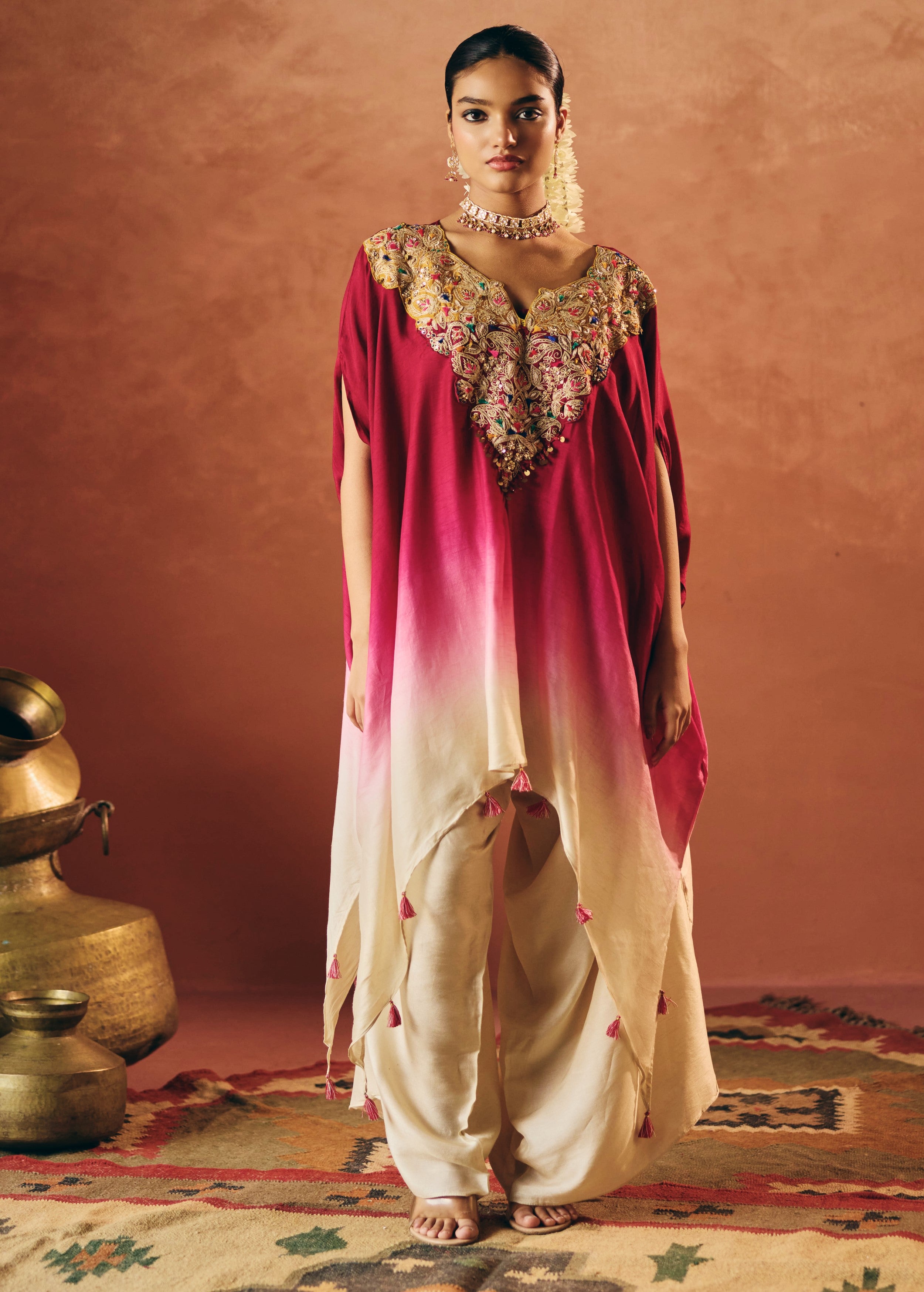 Rich Magenta Embellished Raw Silk Kaftan Set