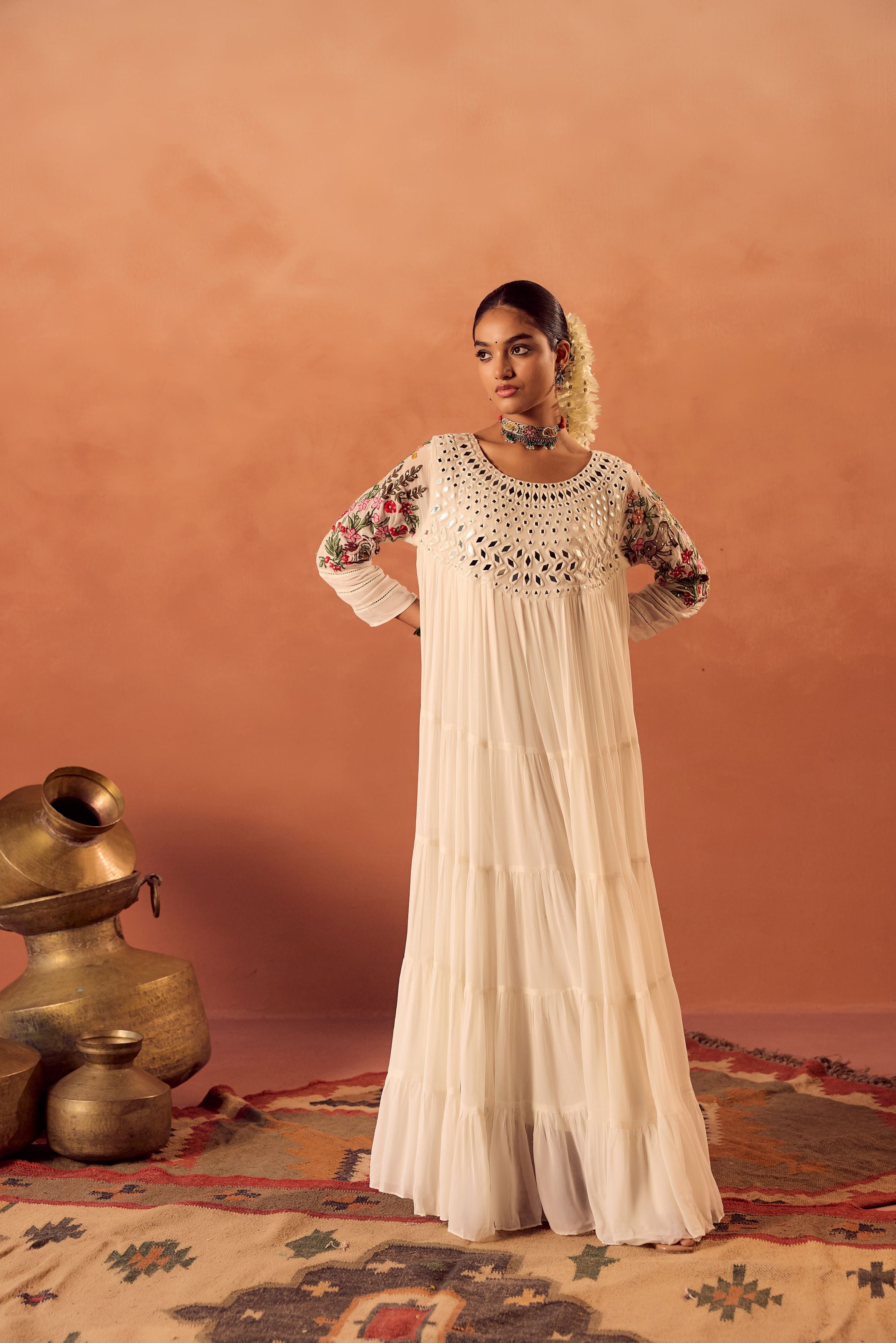 White Embroidered Georgette silk Anarkali Gown