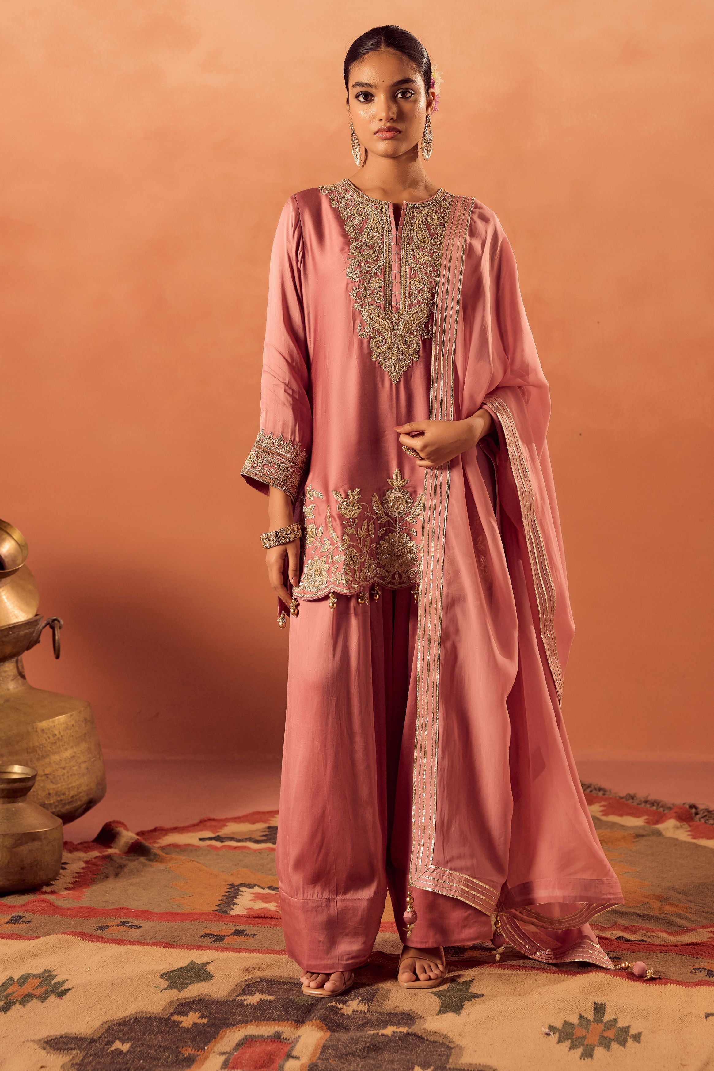 Soft Pink Embellished Satin Silk Palazzo Set