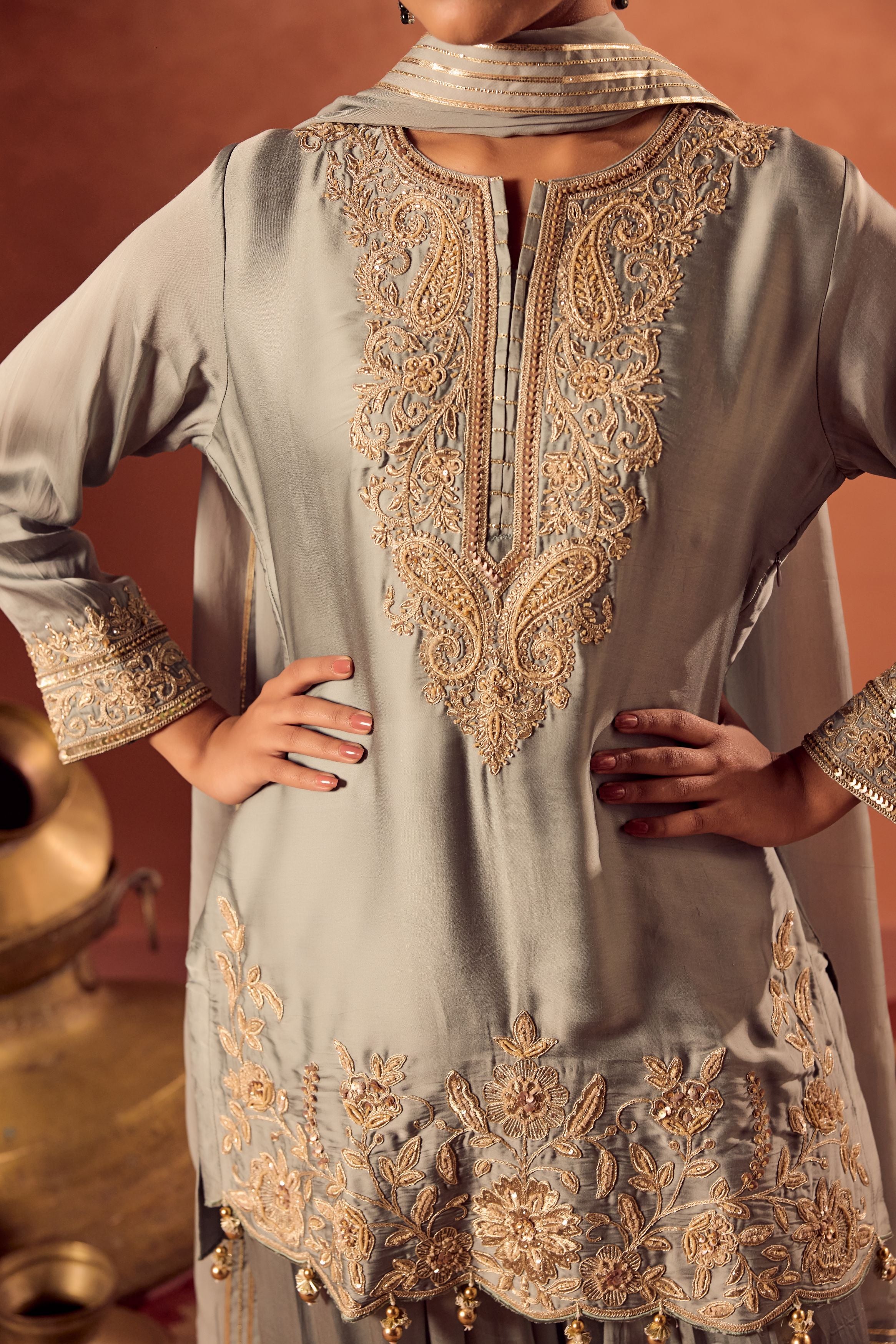 Pastel Teal Embellished Satin Silk Palazzo Set