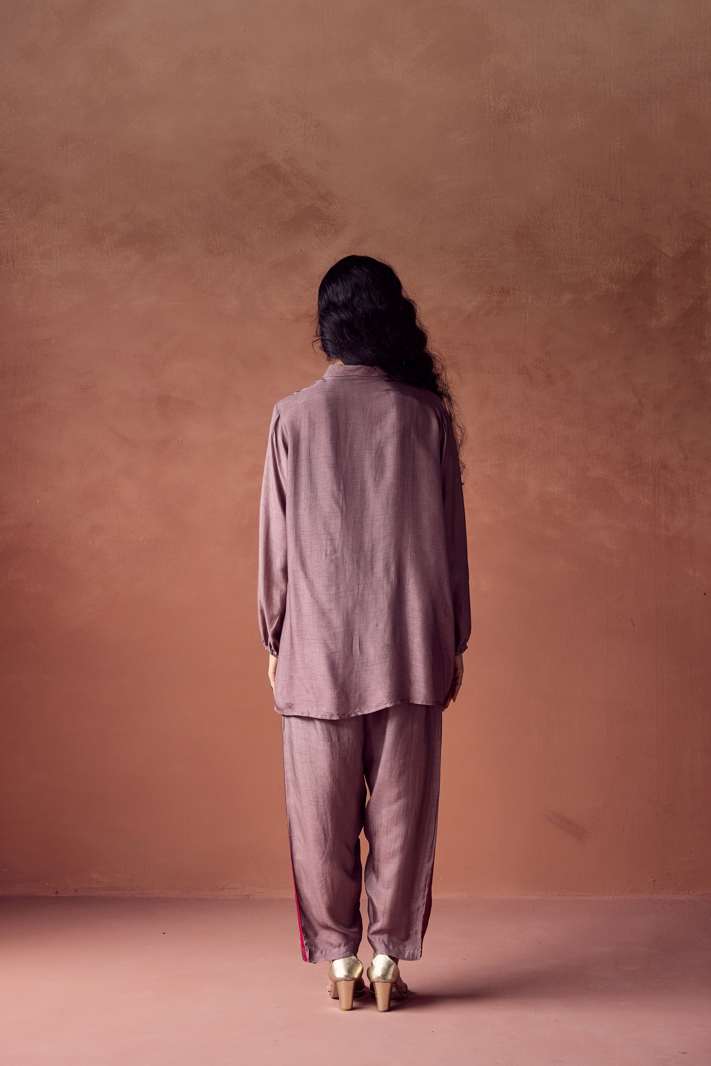 Dusty Mauve Embroidered Raw Silk Co- Ord Set