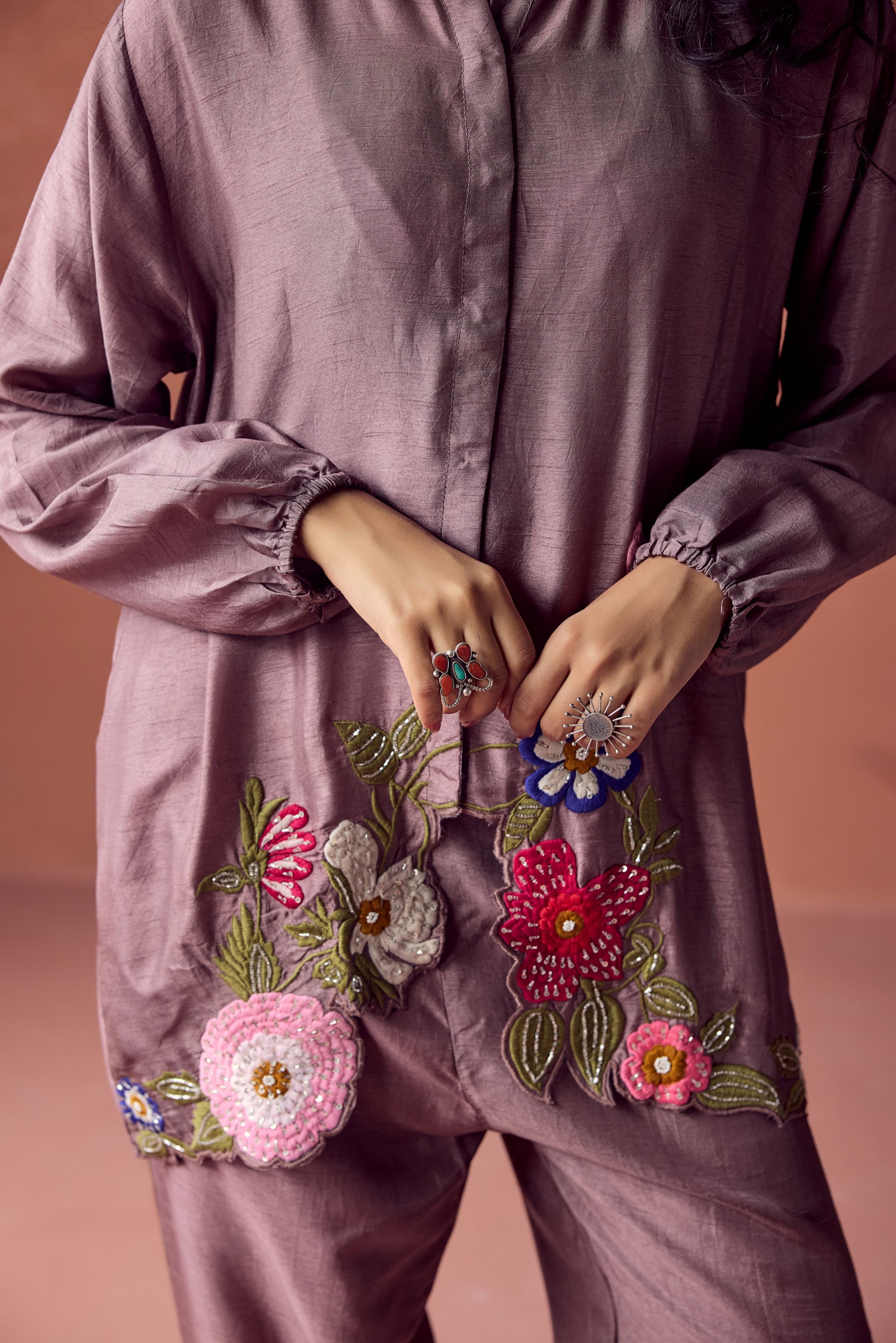 Dusty Mauve Embroidered Raw Silk Co- Ord Set