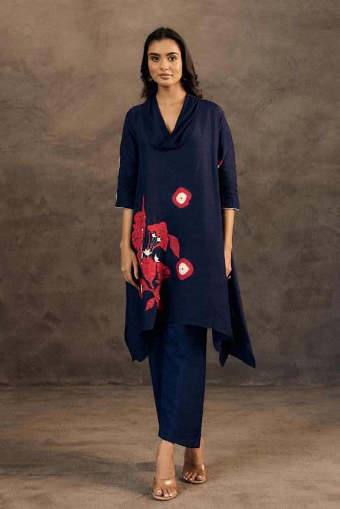 Navy Blue  Embellished Raw Silk Pant Set