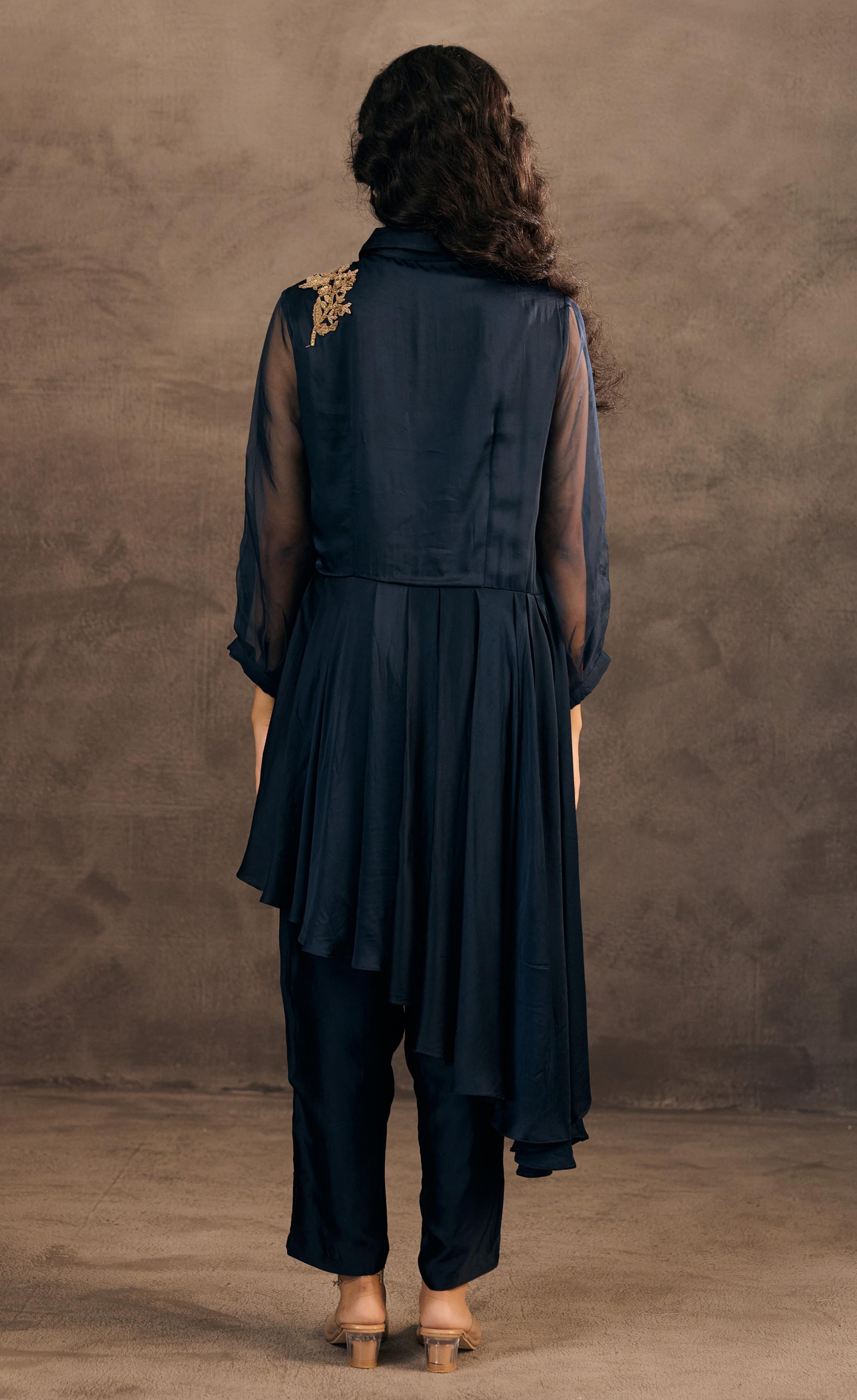 Deep Blue Embellished Satin Silk Co-Ord Set