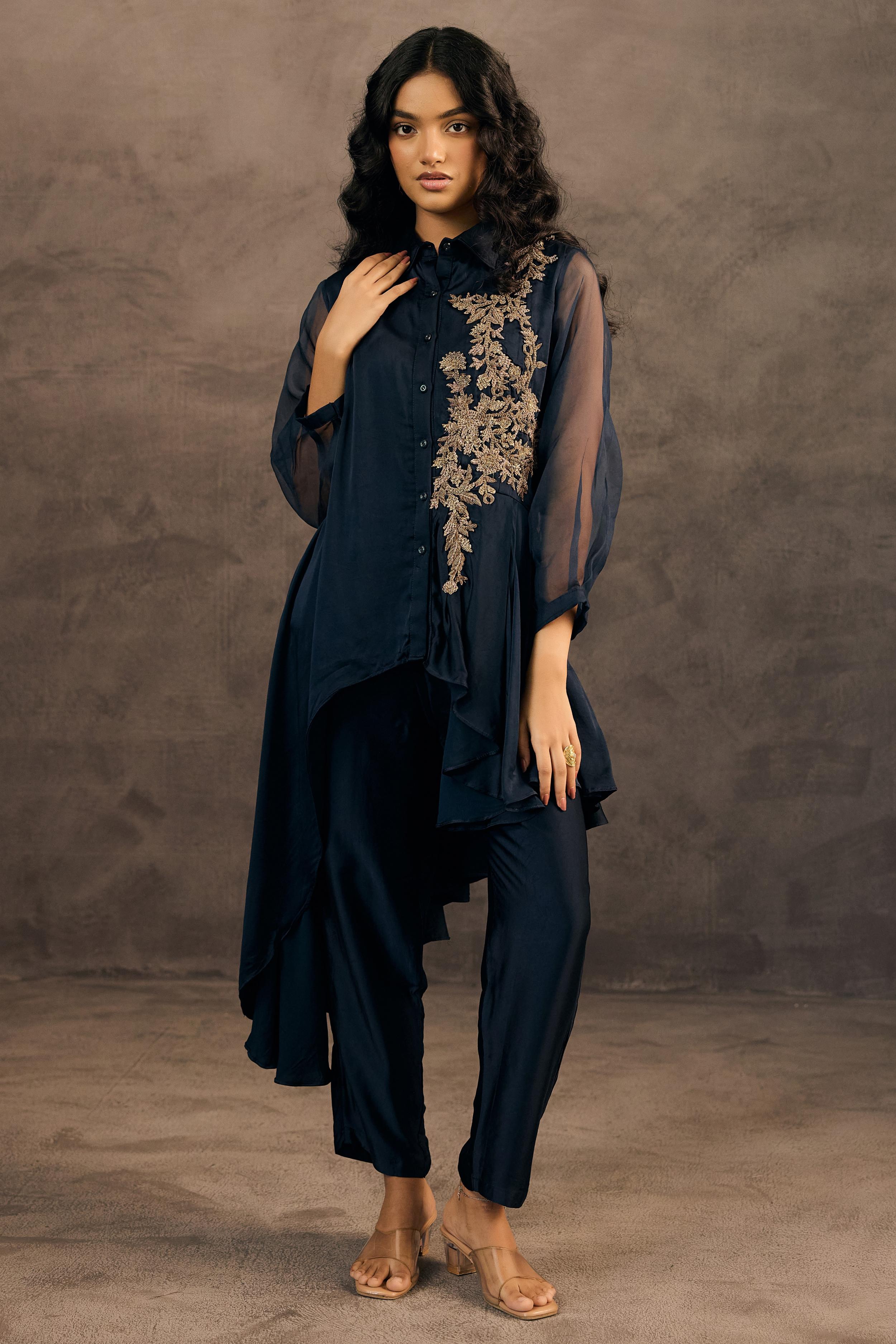 Deep Blue Embellished Satin Silk Co-Ord Set