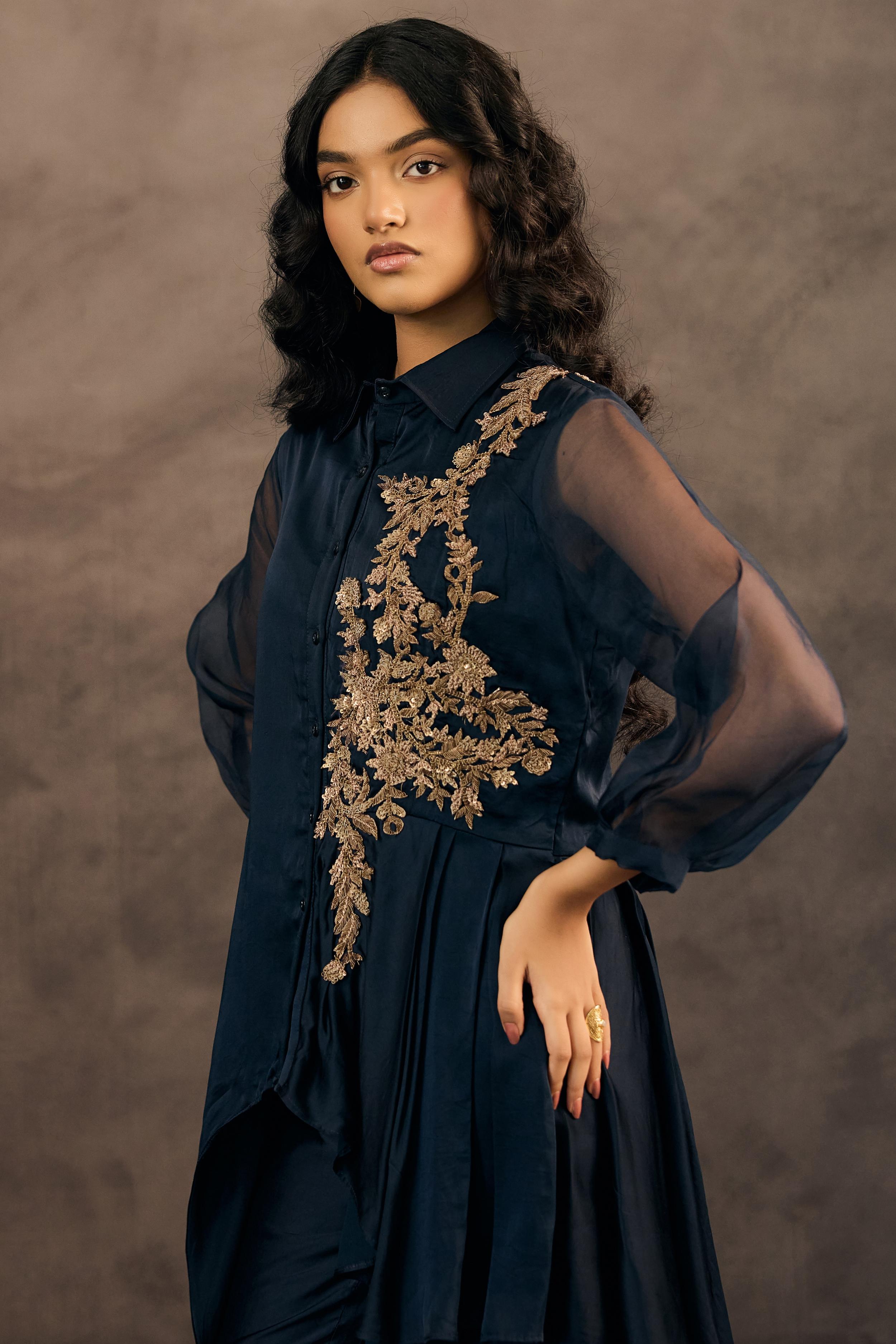 Deep Blue Embellished Satin Silk Co-Ord Set