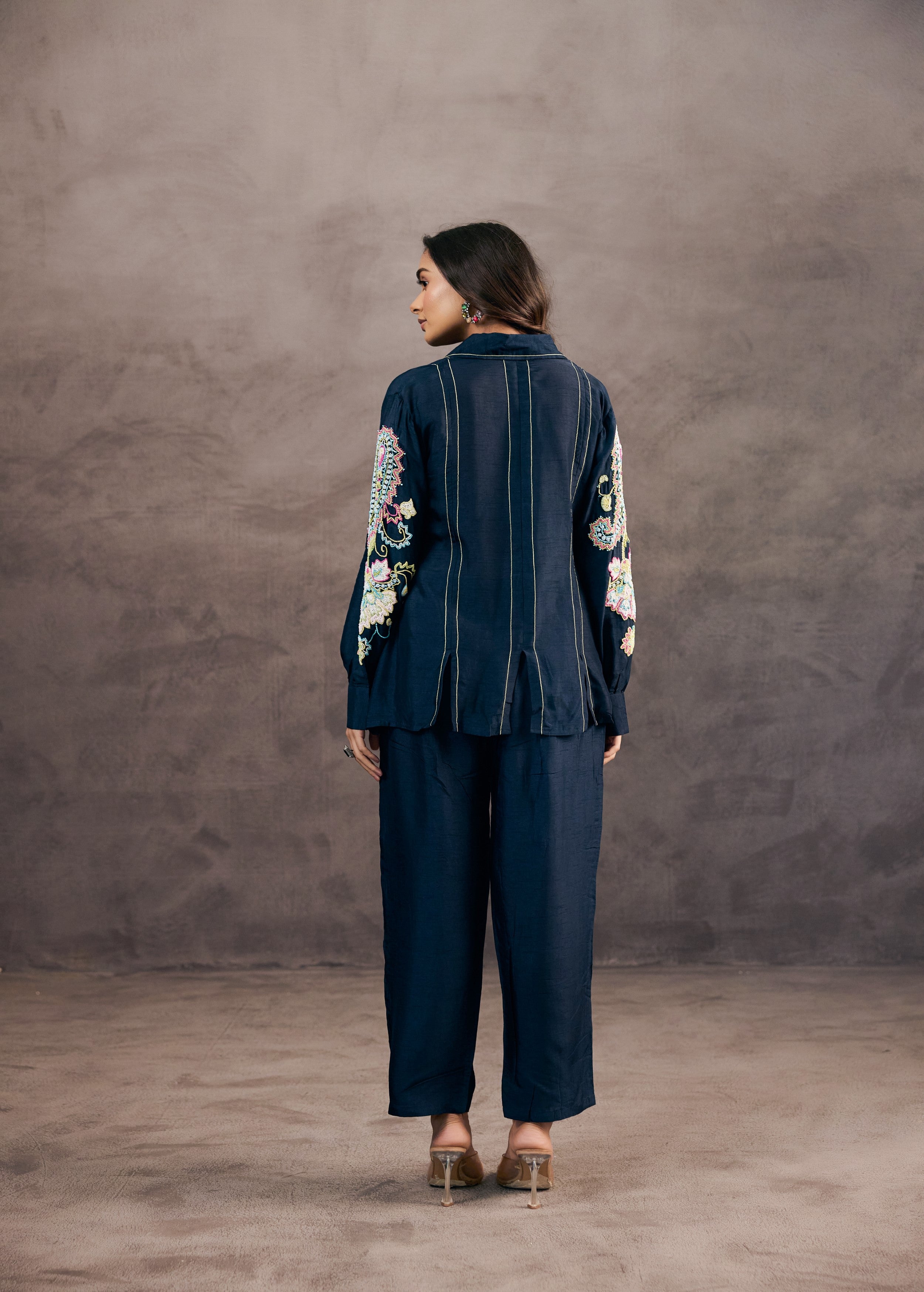 Midnight Blue Embroidered Raw Silk Co-Ord Set