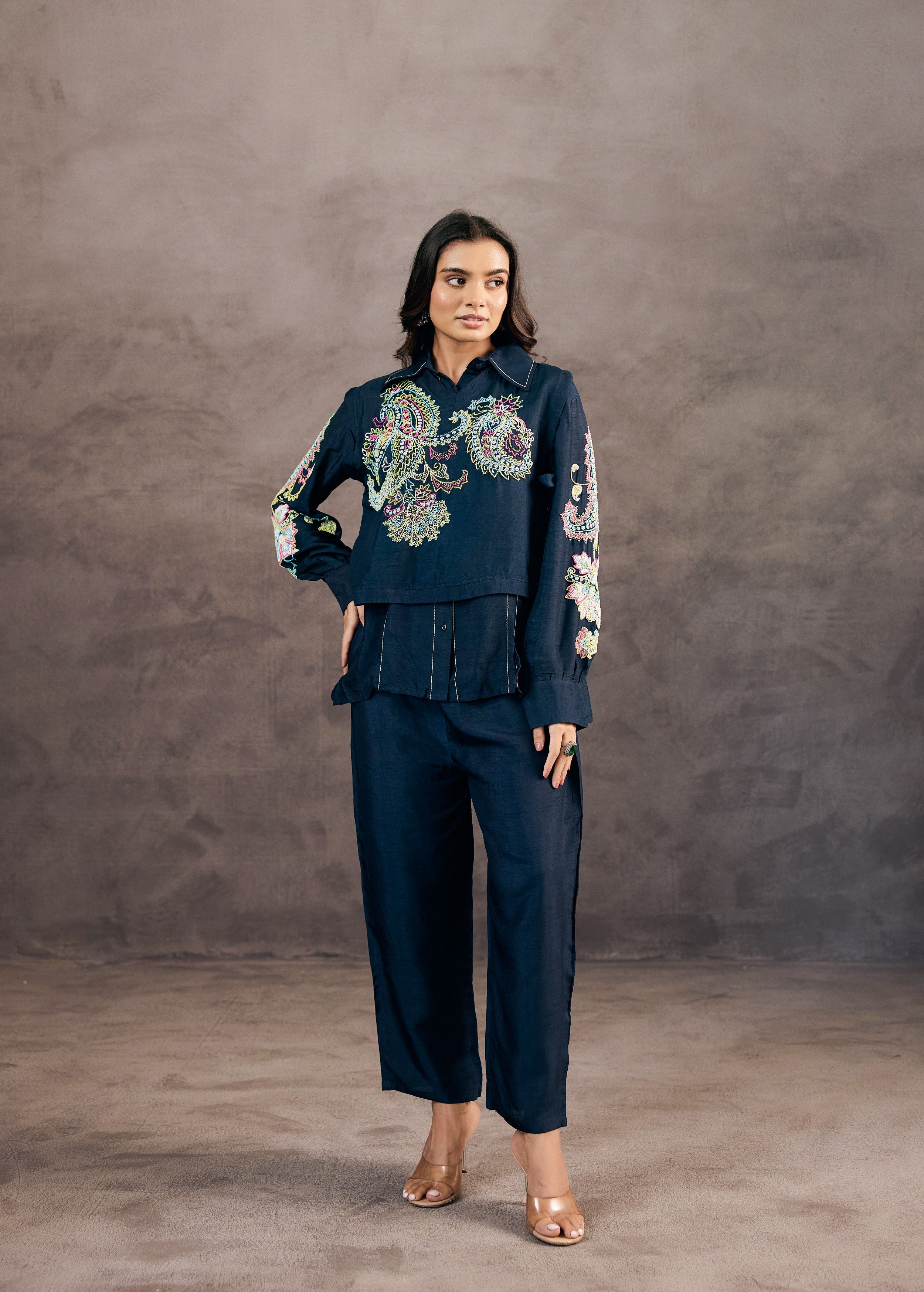 Midnight Blue Embroidered Raw Silk Co-Ord Set