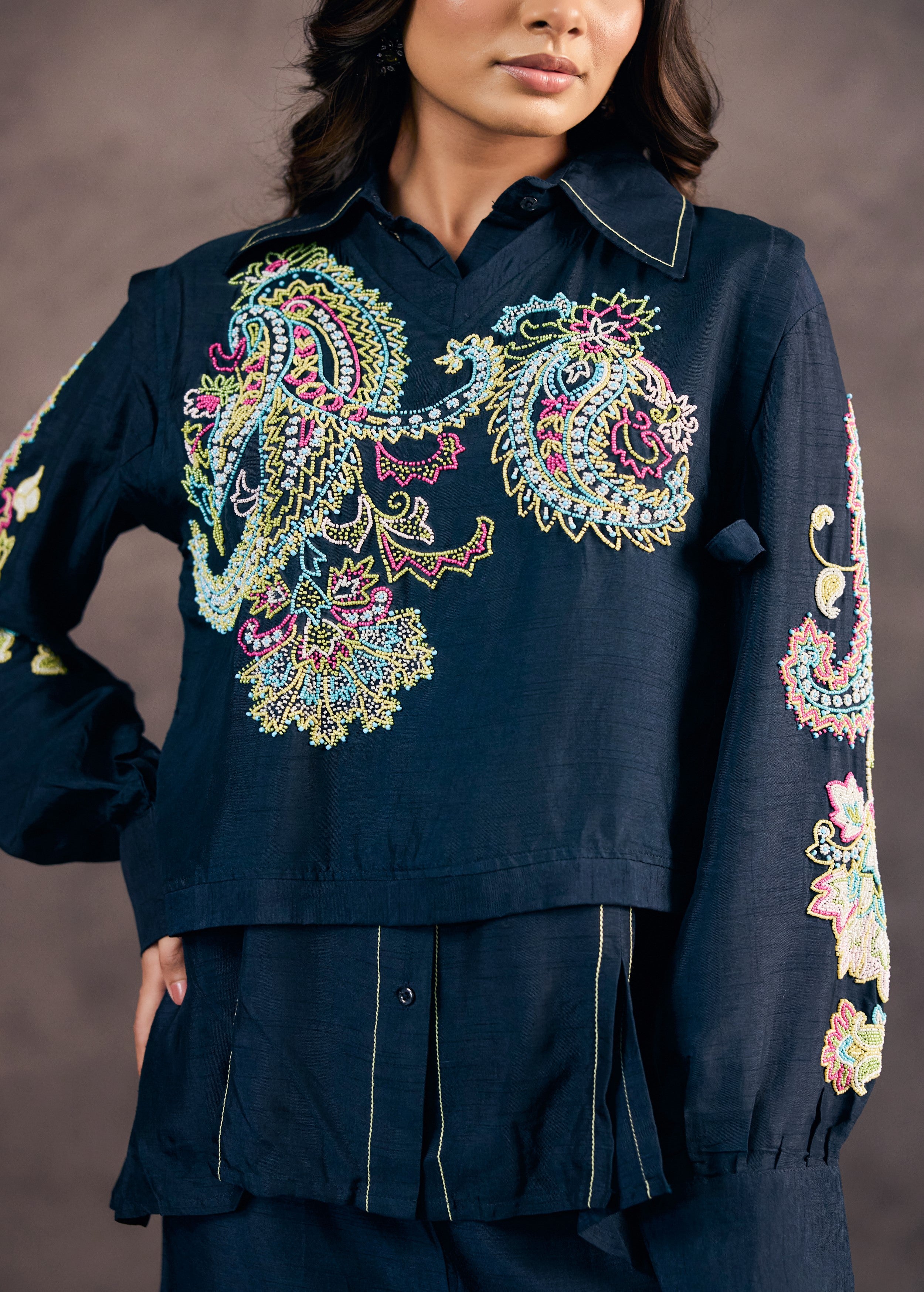 Midnight Blue Embroidered Raw Silk Co-Ord Set