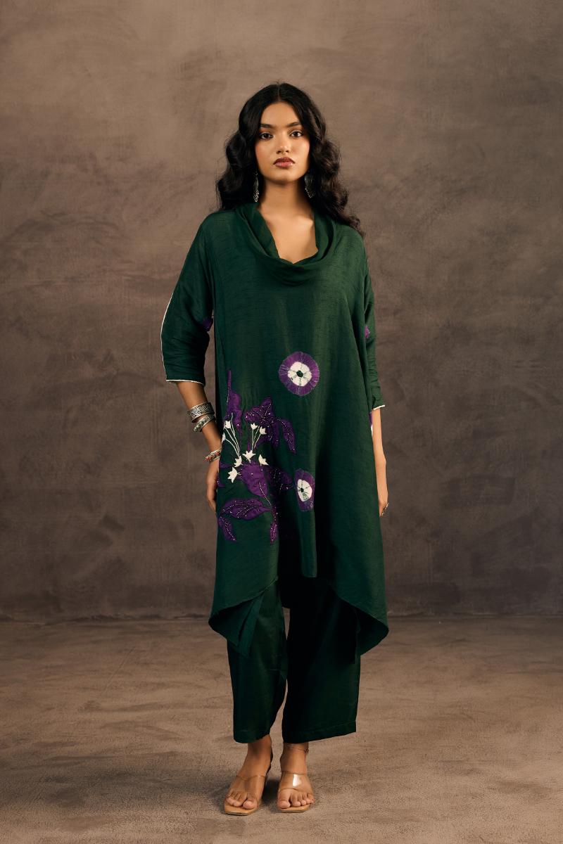 Deep Forest Green Embellished Raw Silk Pant Set