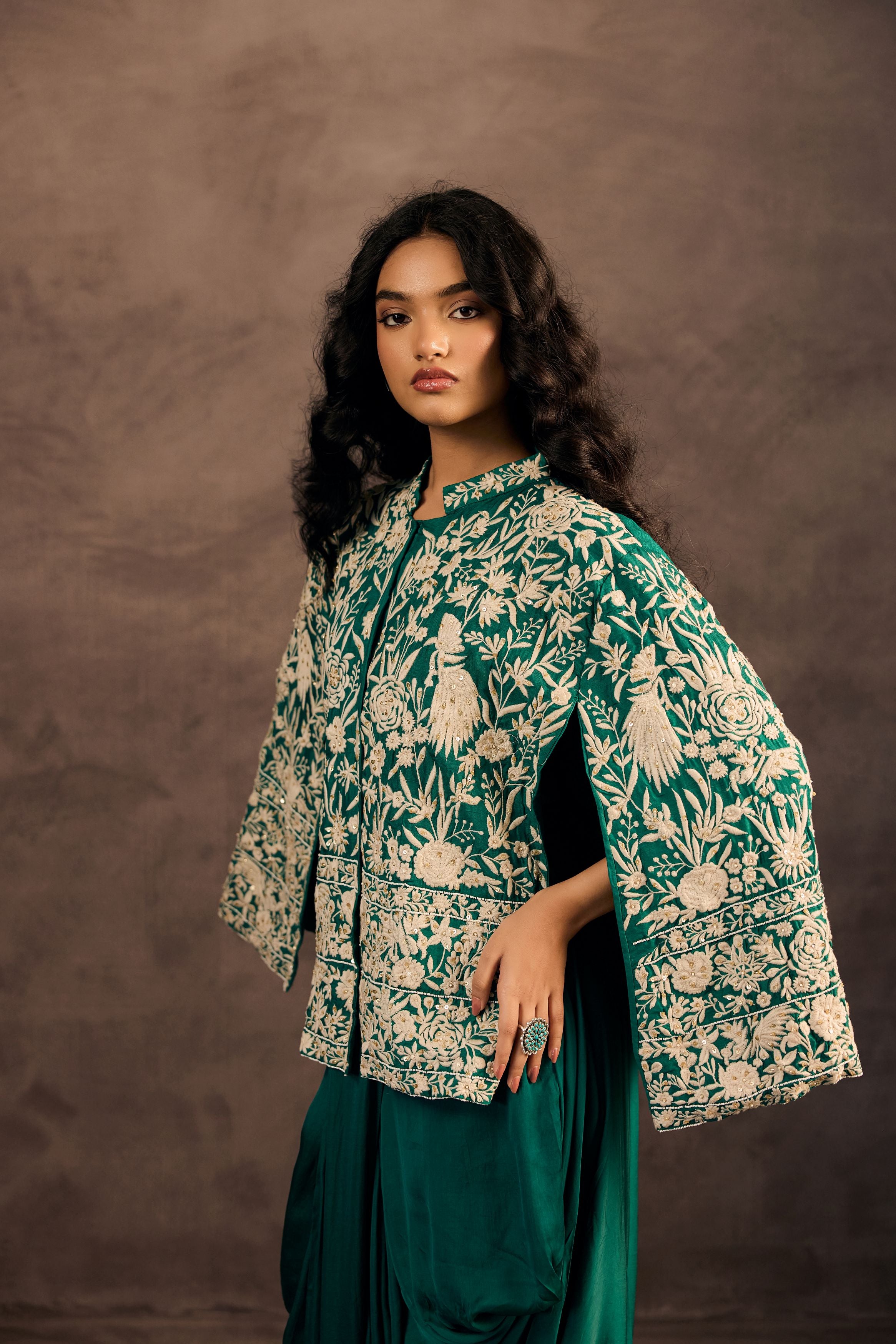 Emerald Green Embroidered Satin Silk Skirt Set