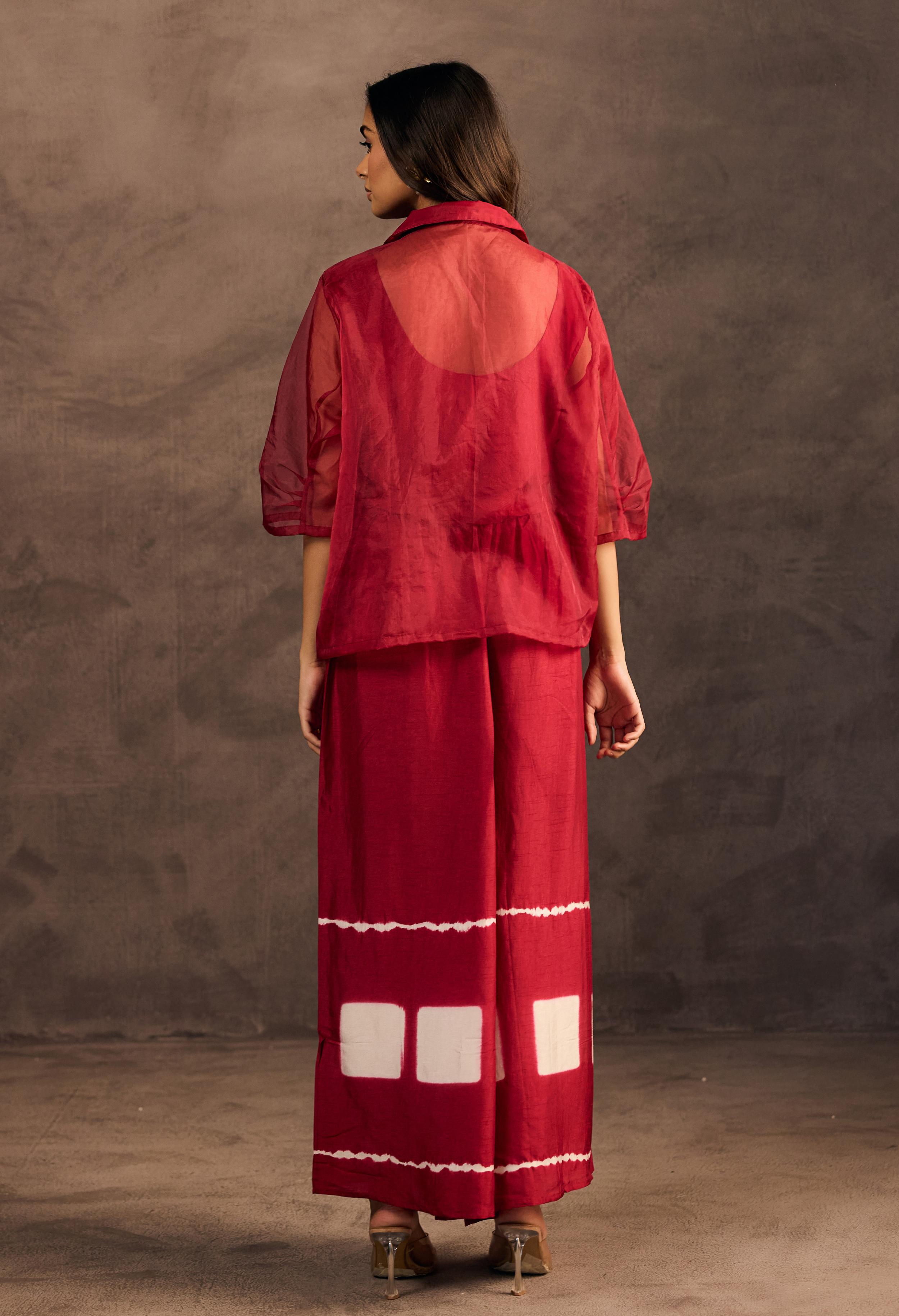 Crimson Red Tie Dye Raw Silk Co-Ord Set