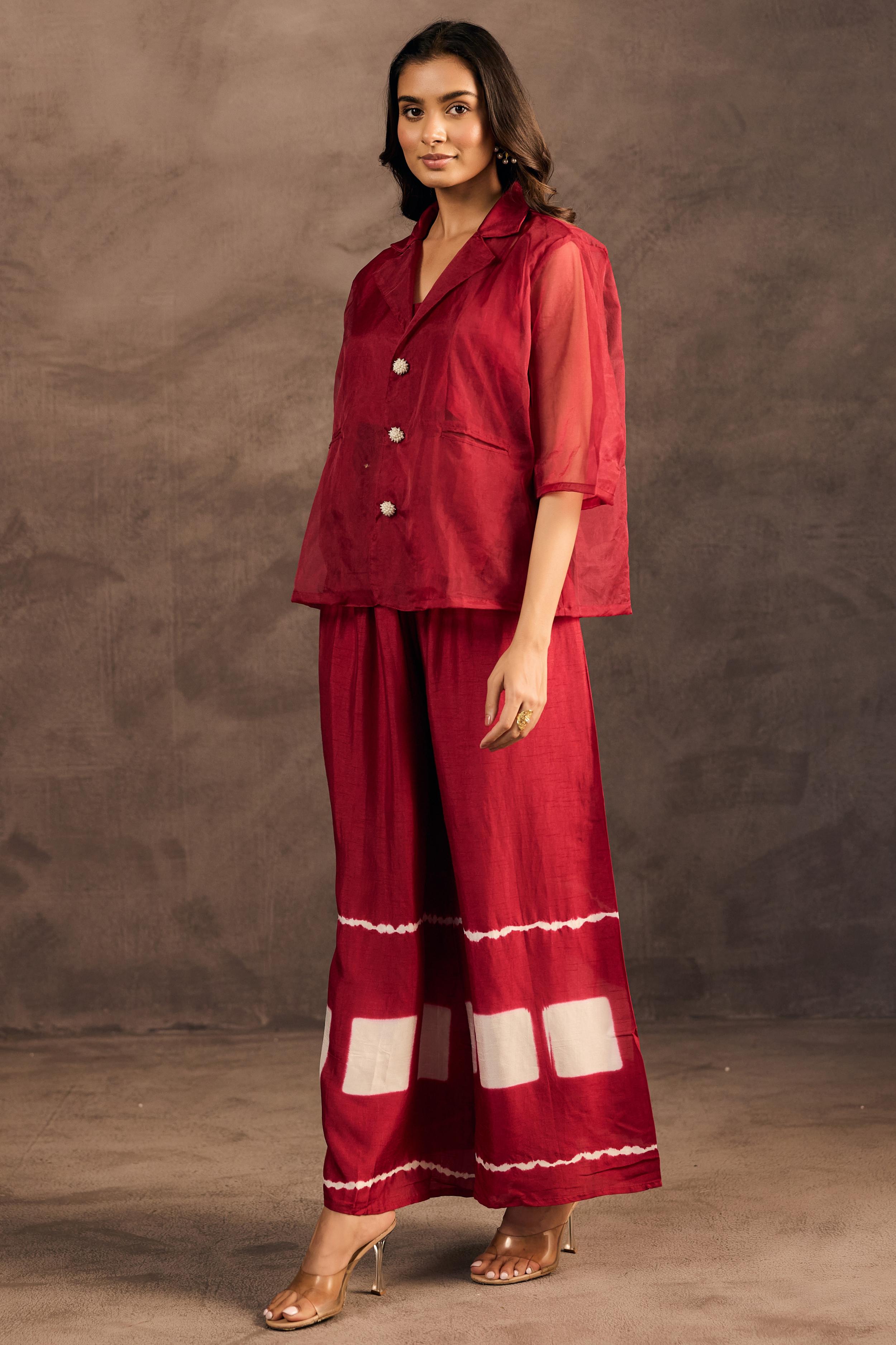Crimson Red Tie Dye Raw Silk Co-Ord Set