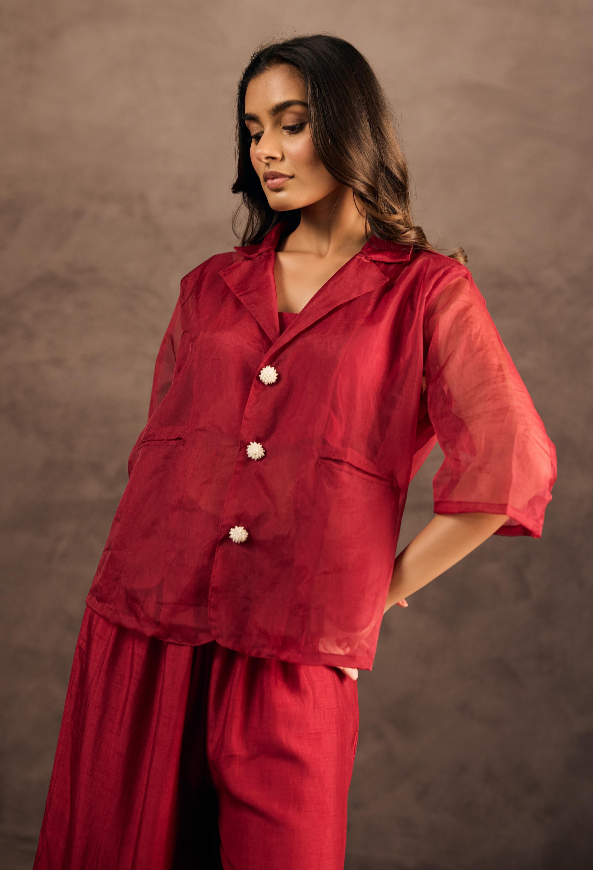 Crimson Red Tie Dye Raw Silk Co-Ord Set