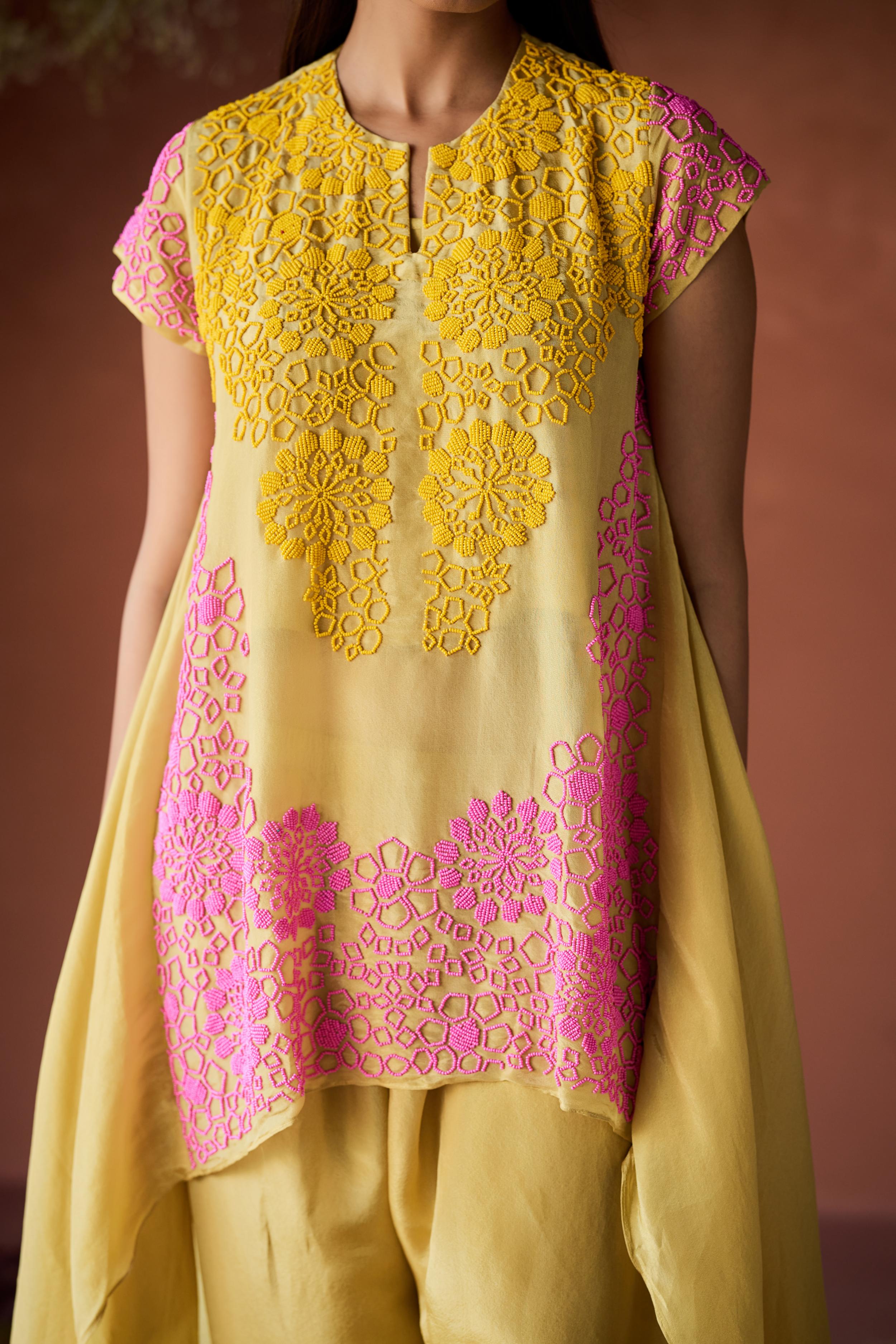 Lemon Yellow Embellished Shimmer Organza Silk Co-Ord Set